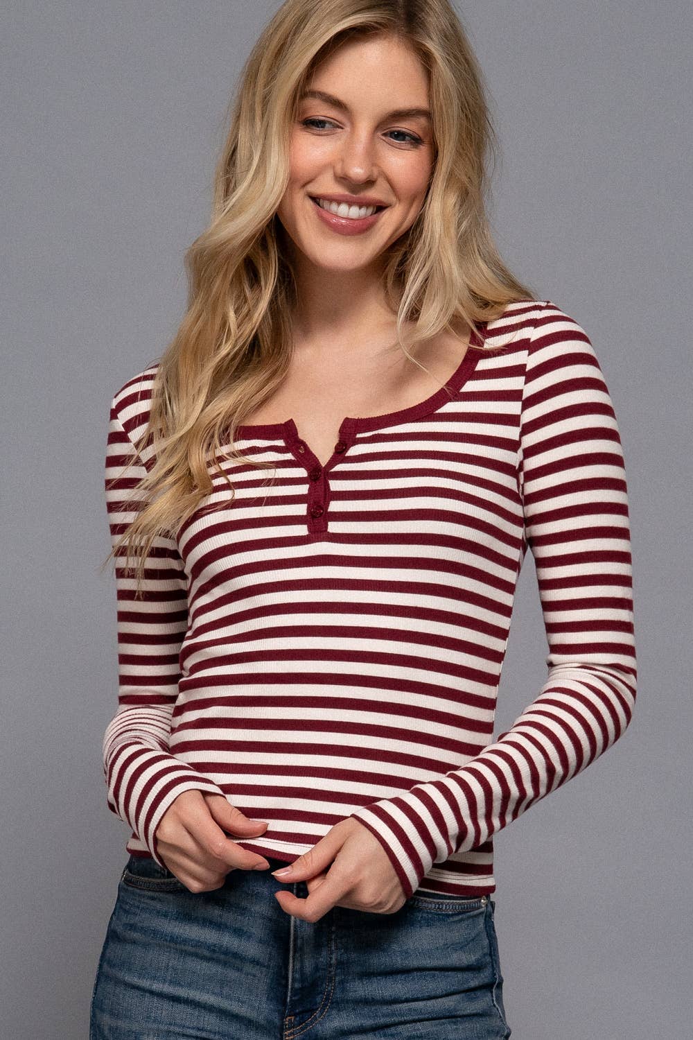 Striped Henley Top: Burgundy