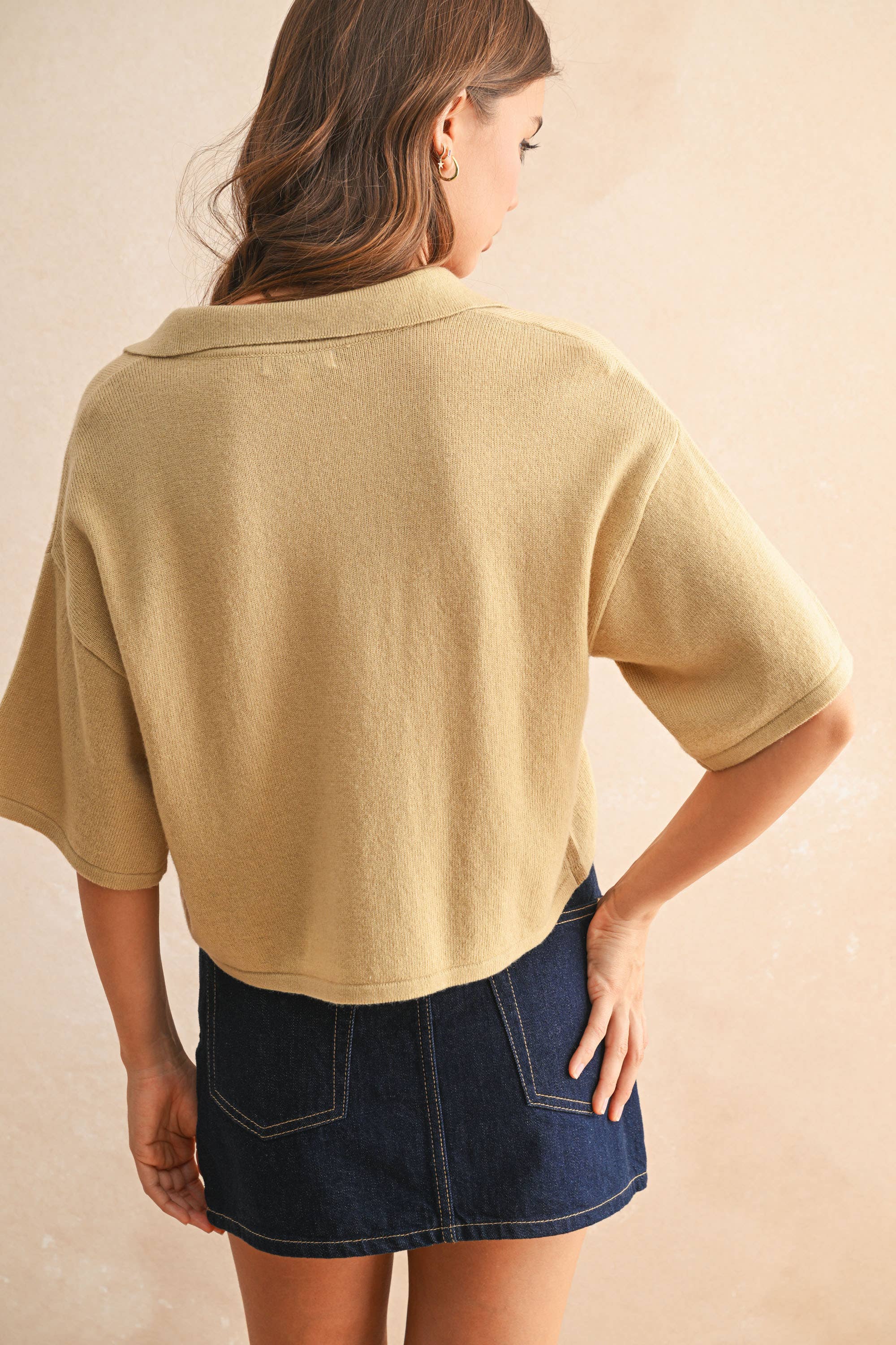 Crop Knit Polo Shirt: Charcoal