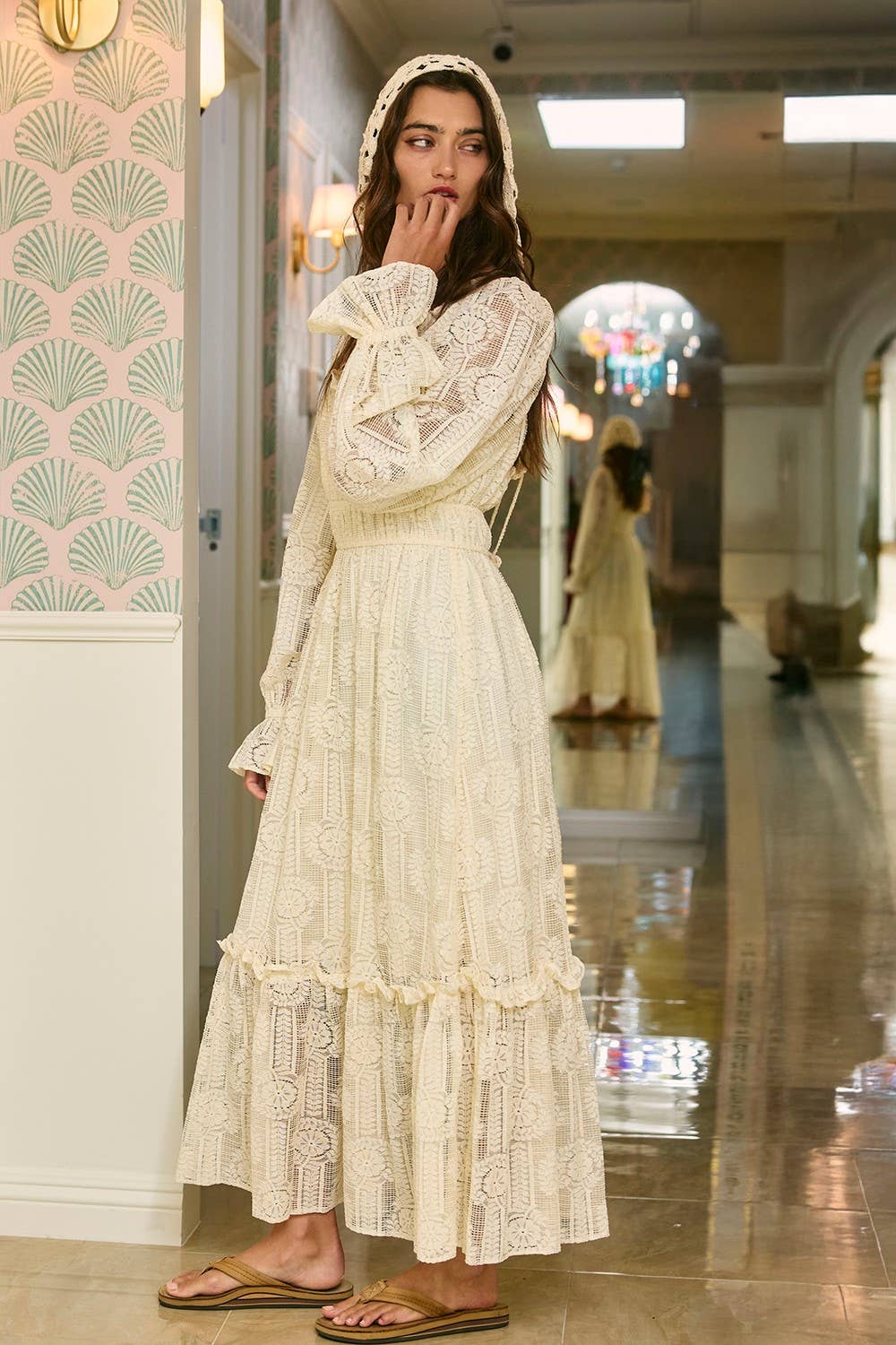 Cascading Lace Maxi Dress: Cream