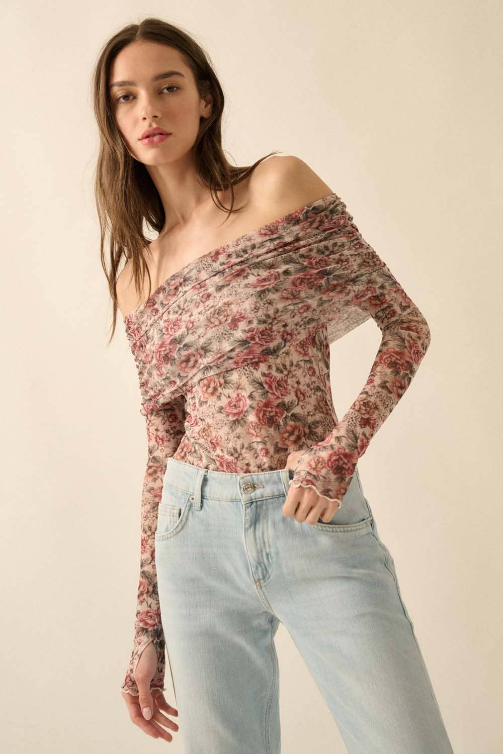Floral Mesh Bodysuit: Cream