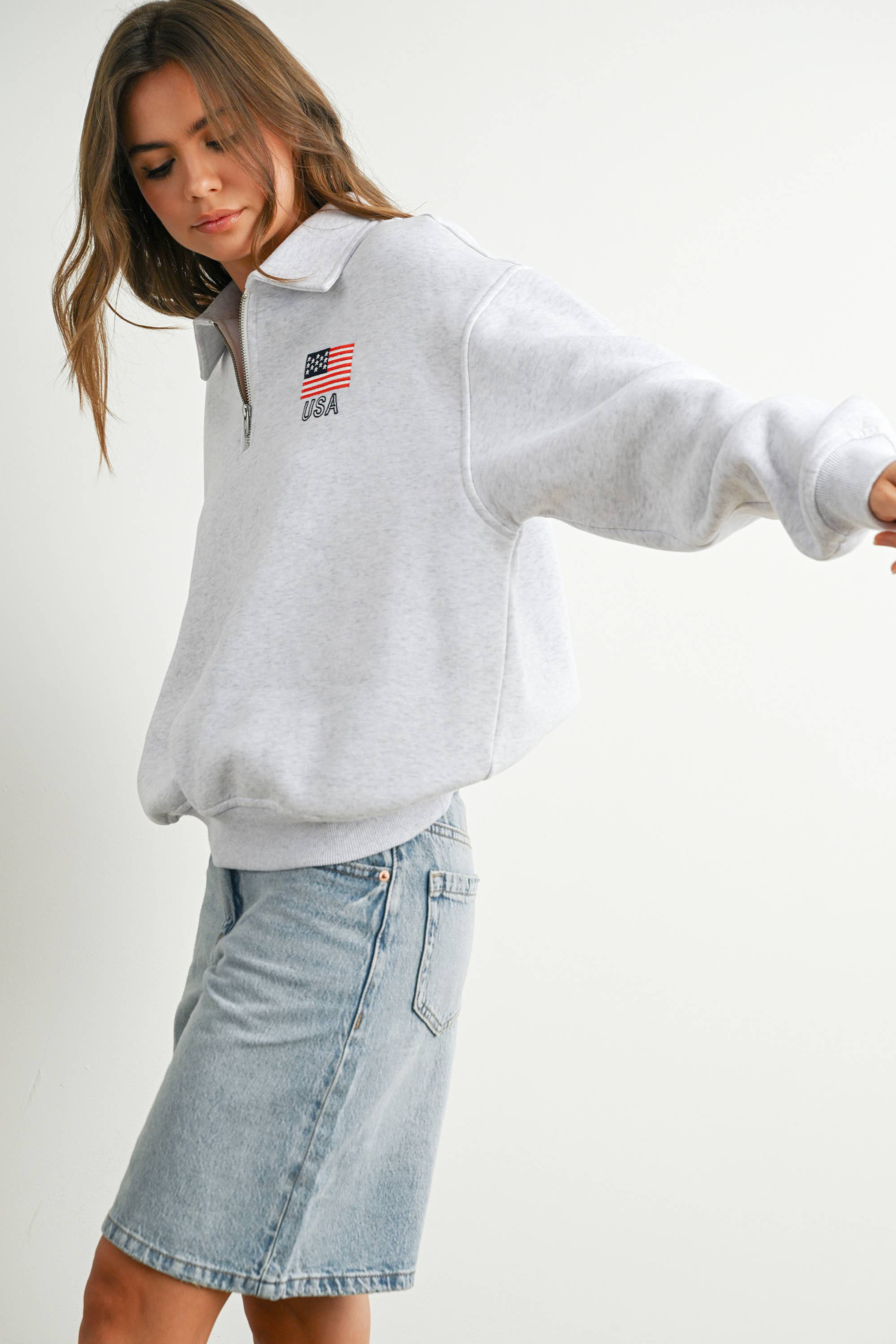 USA Collared Quarter-Zip Top: Grey