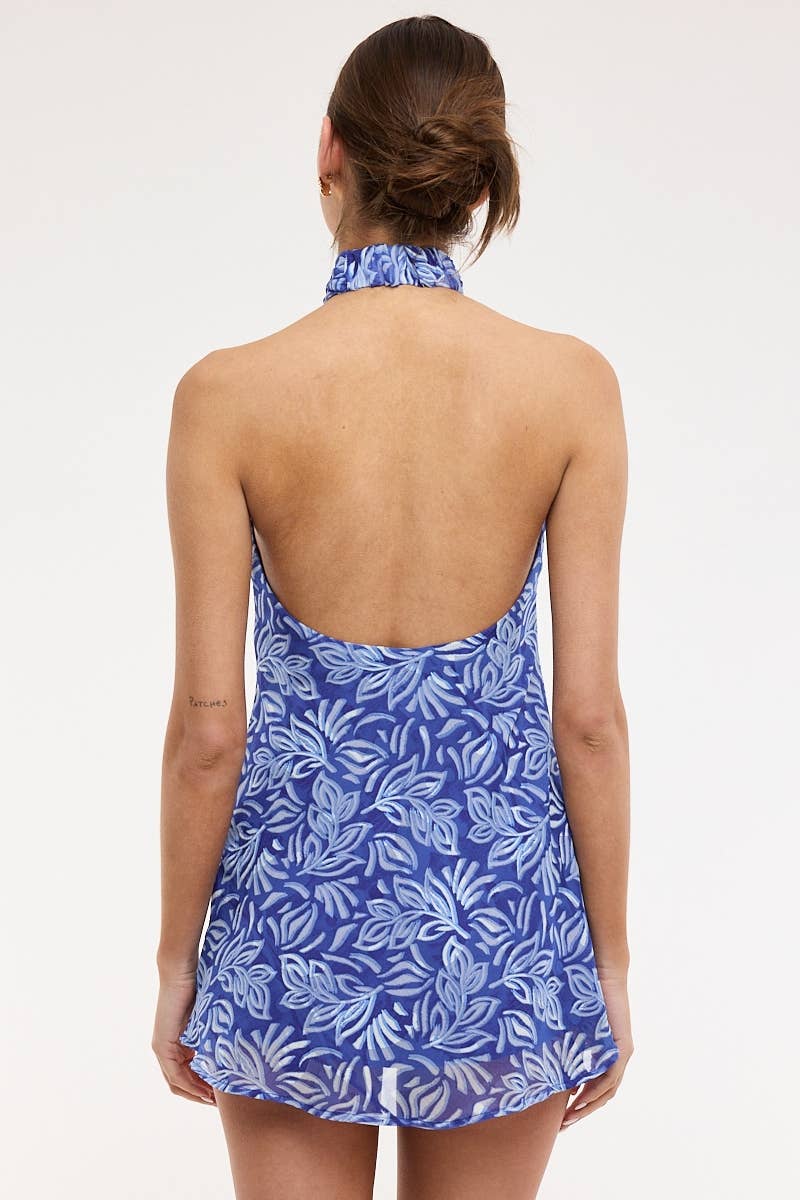 Blue Willow Leaf Mini Dress: