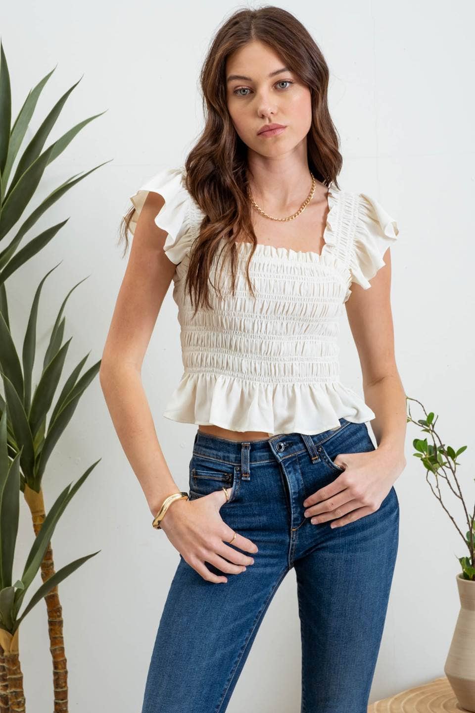 SMOCKED RUFFLE TOP: IVORY