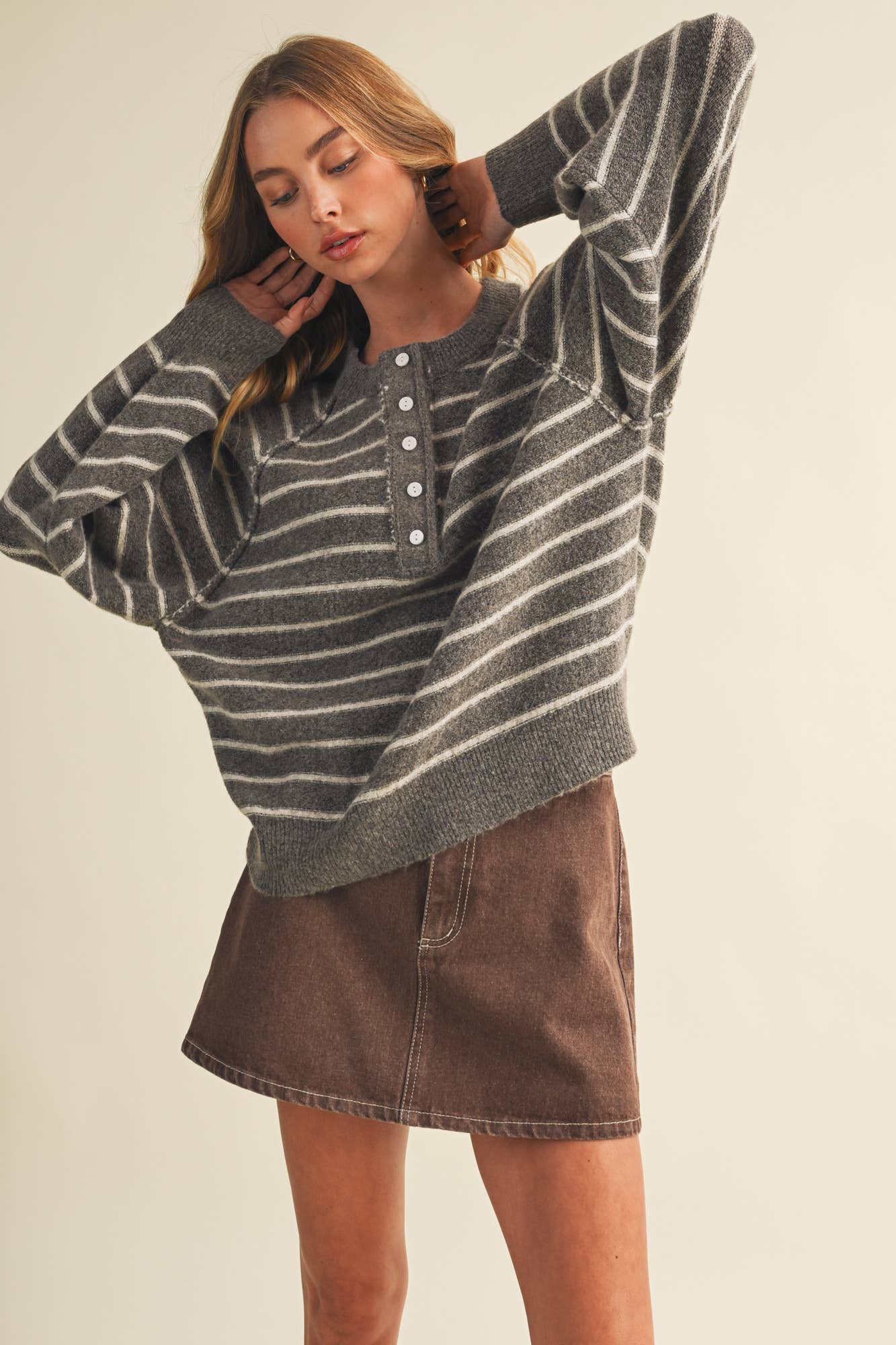 Placket Stripe Pullover: Brown