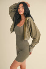 Mineral Wash Crop Hoodie Olive