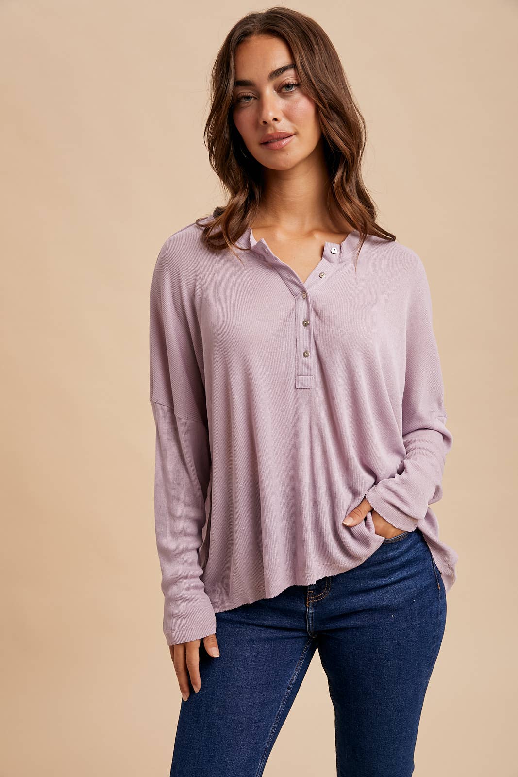 Raw Edge Henley Top: Dusty Lilac