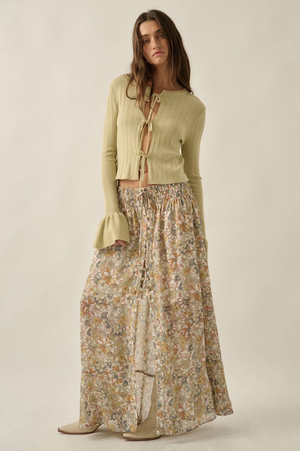 Floral Chiffon Maxi Skirt: Cream