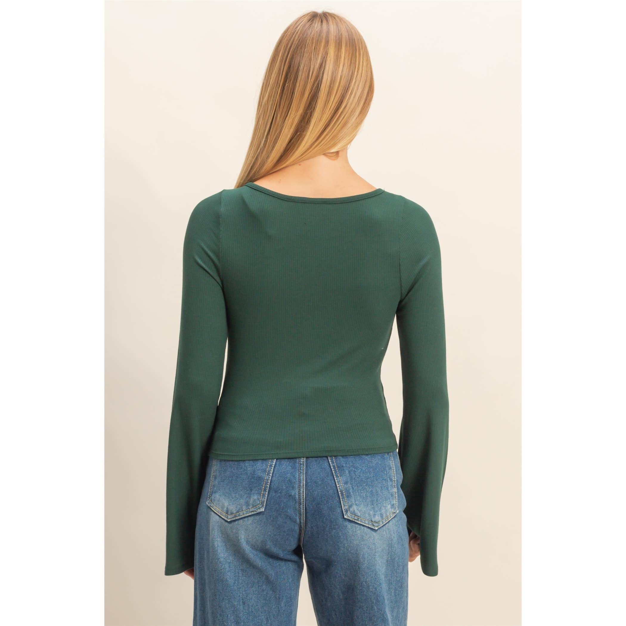 Dark Green Ribbed Knit Top: