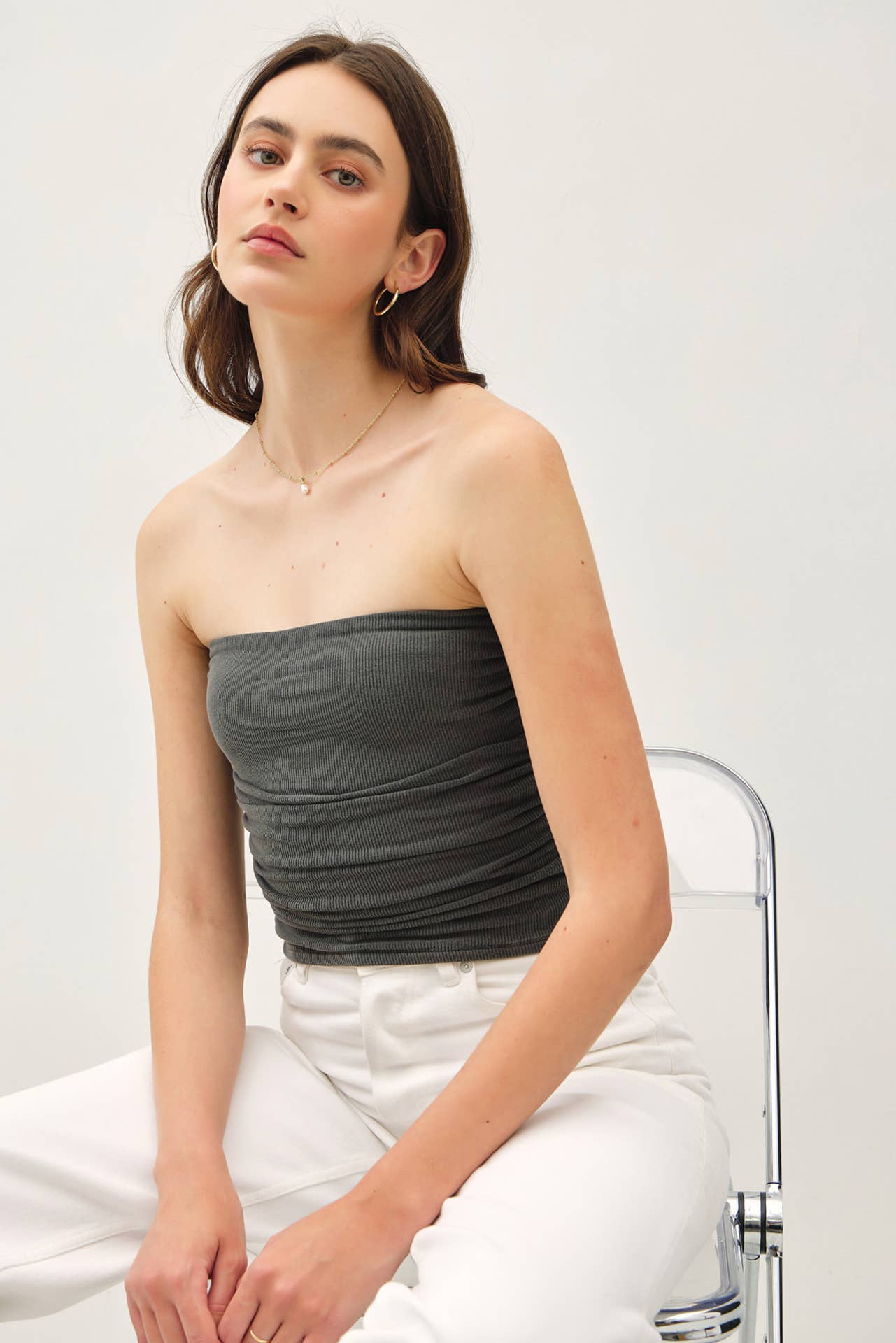 Jersey Ruched Tube Top: Charcoal