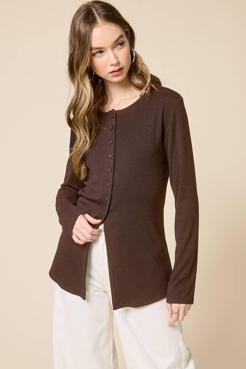 Elongated Hemline Cardigan: Brown