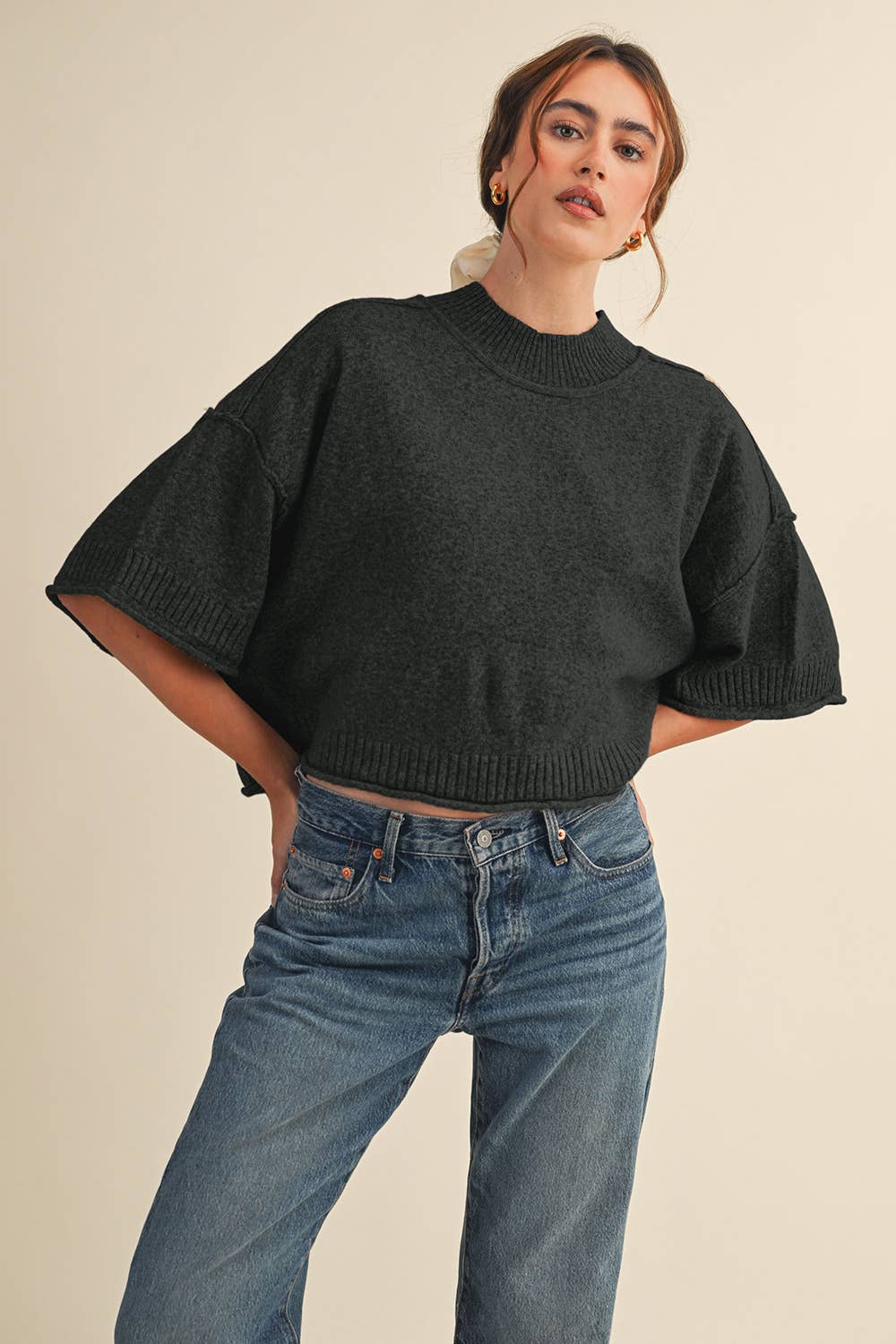 Marled Knit Sweater: Black