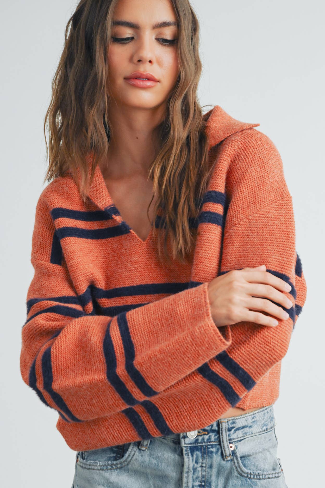 Stripe Crop Collar Sweater-Ivory/Black