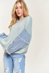 FRAYED DENIM SLEEVE SWEATER Blue