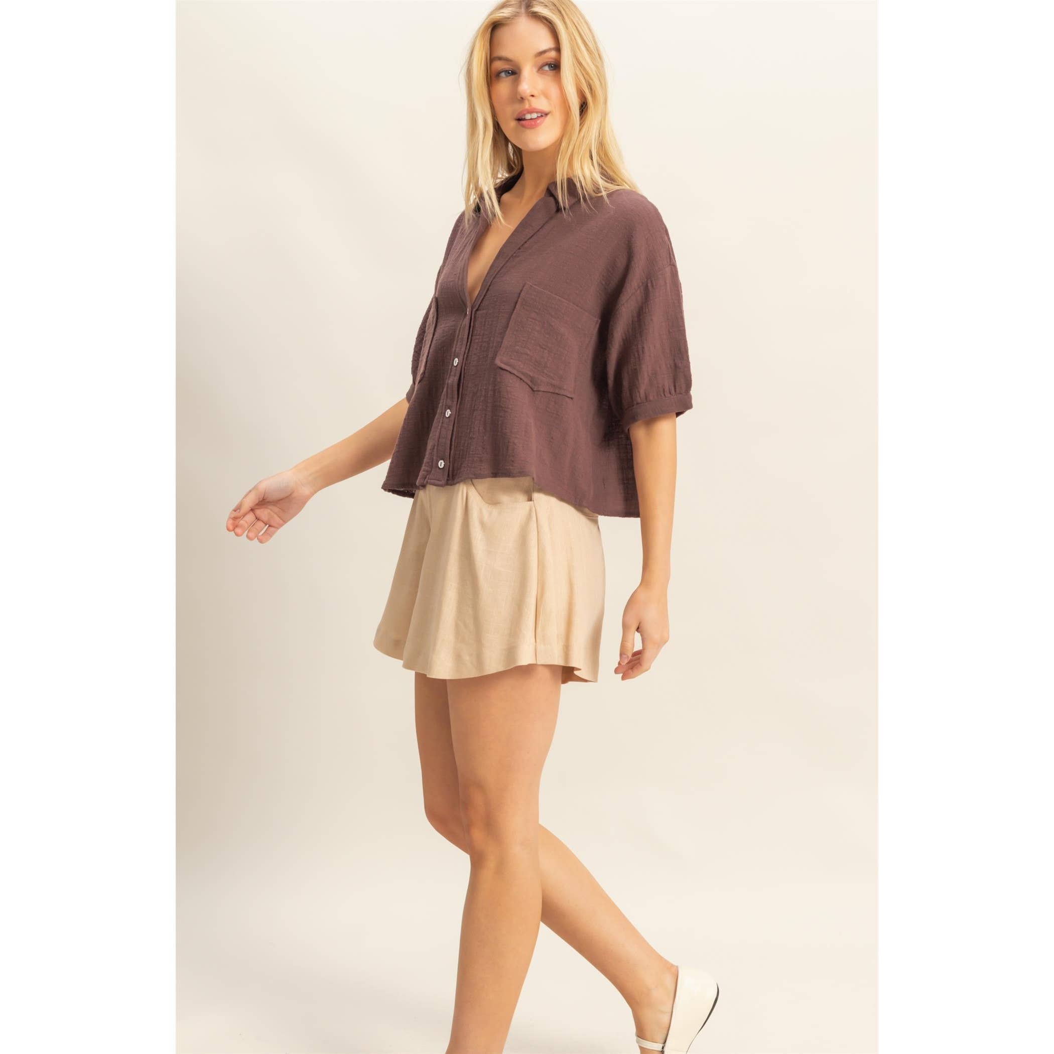 Button-Front Shirt: BROWN