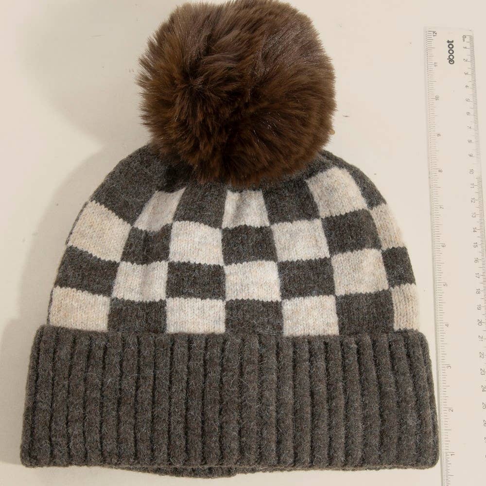 Checkered Pom Beanie Brown