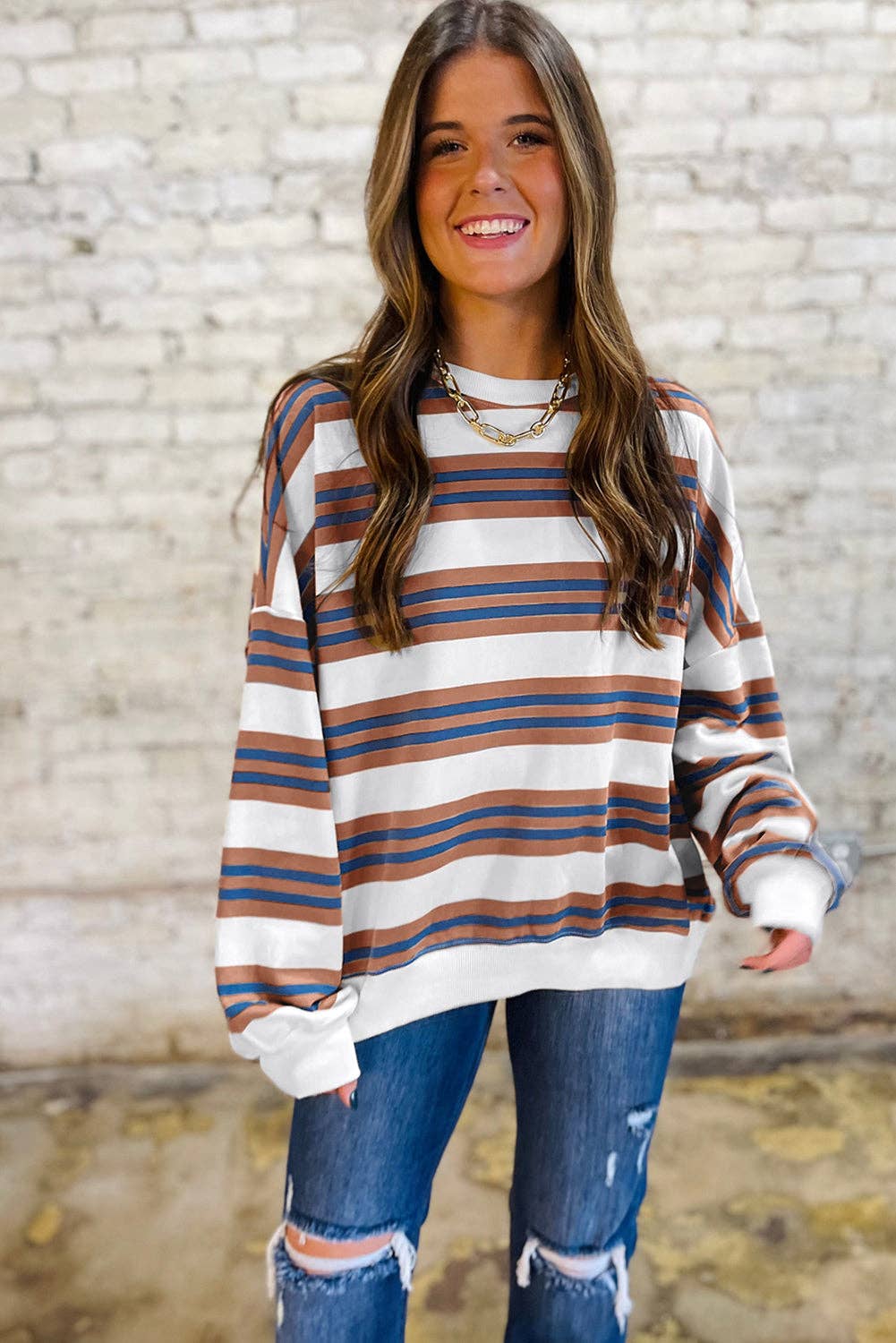 Khaki Stripe Crew Pullover: Brown