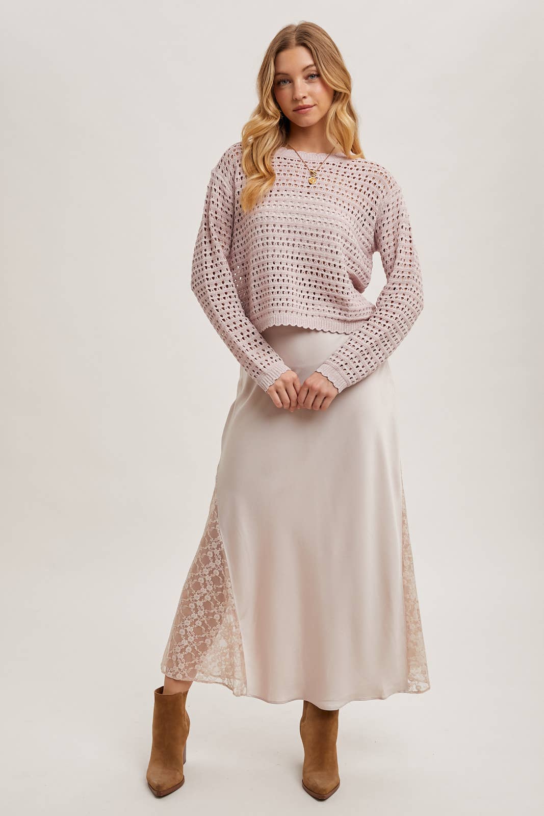 Lace Satin Midi Skirt: Pearl