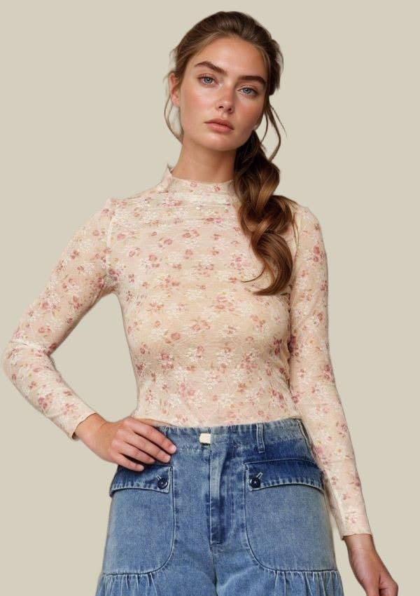 Turtle Neck Lace Sheer Top:Pink