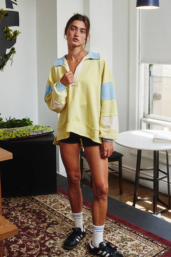 Color-block Collared Top: Yellow