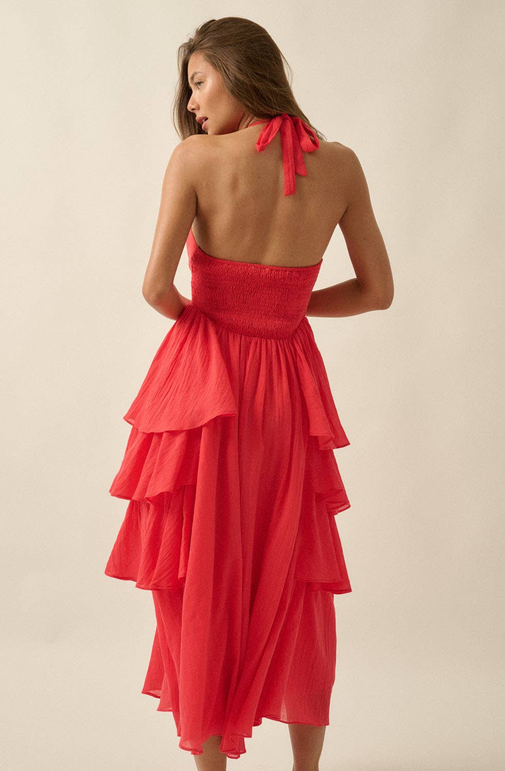Ruffle Halter Maxi Dress: Cherry Tomato