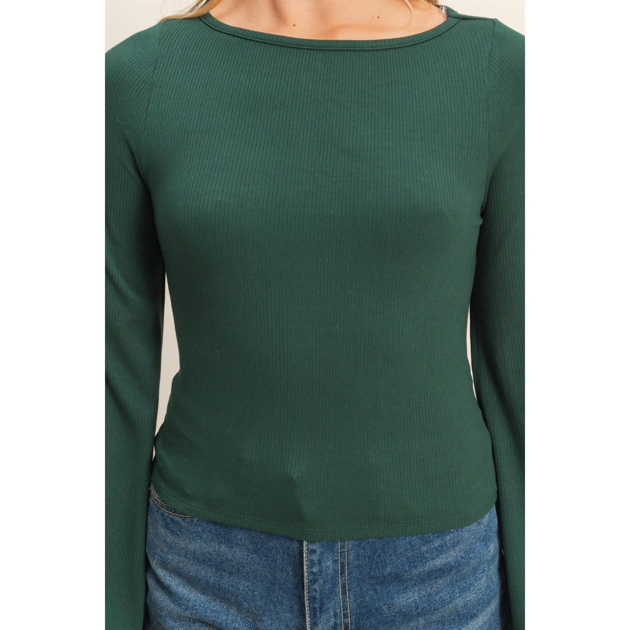 Dark Green Ribbed Knit Top: