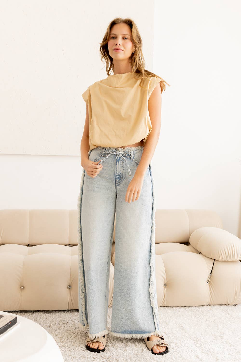 Drape Neck Top: Beige