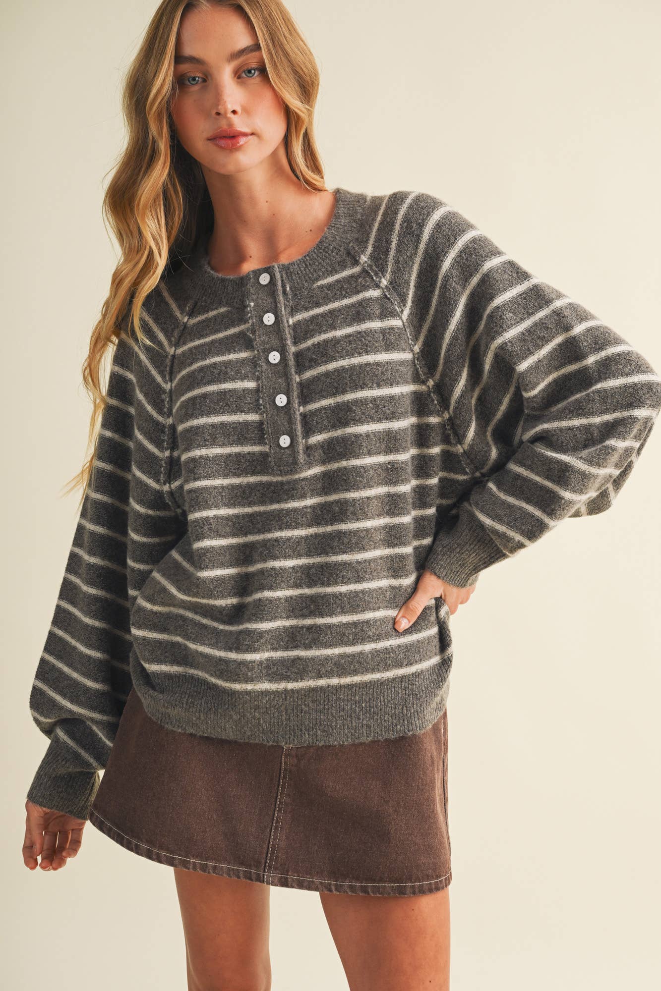 Placket Stripe Pullover: Brown