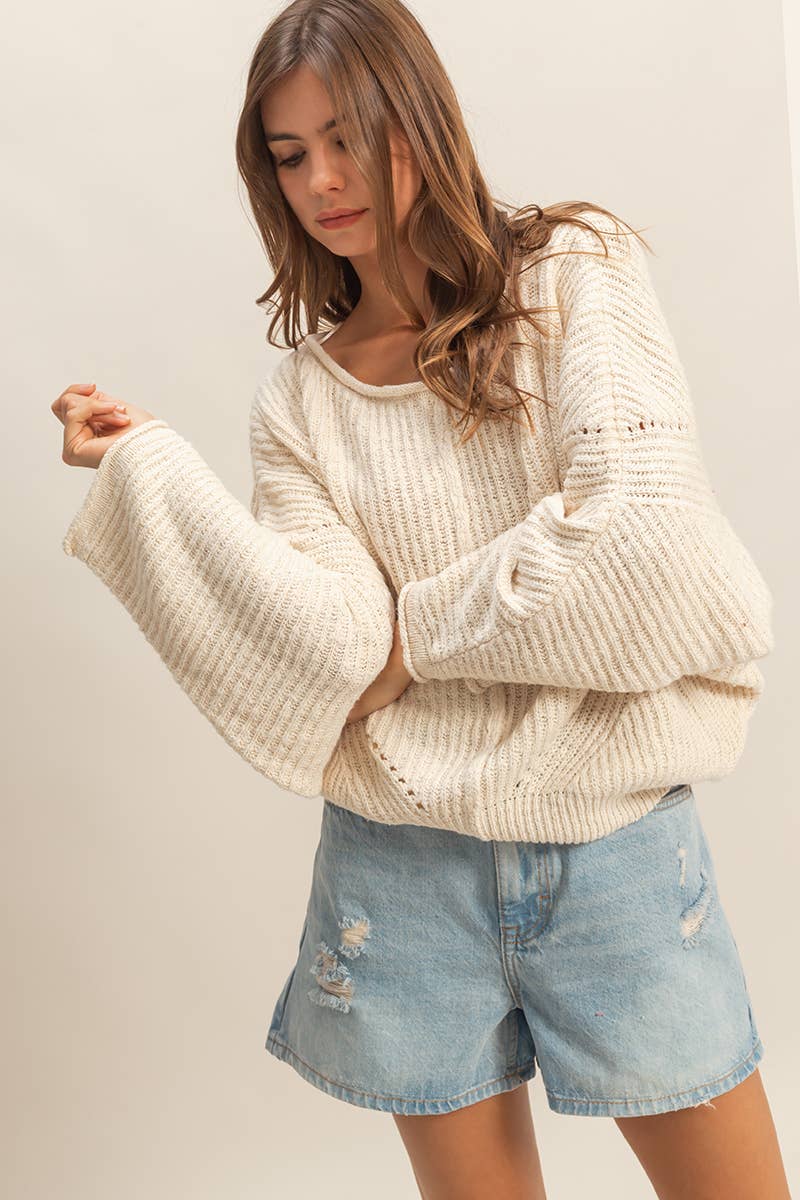 Ribbed Drop Sleeve Sweater:Cream