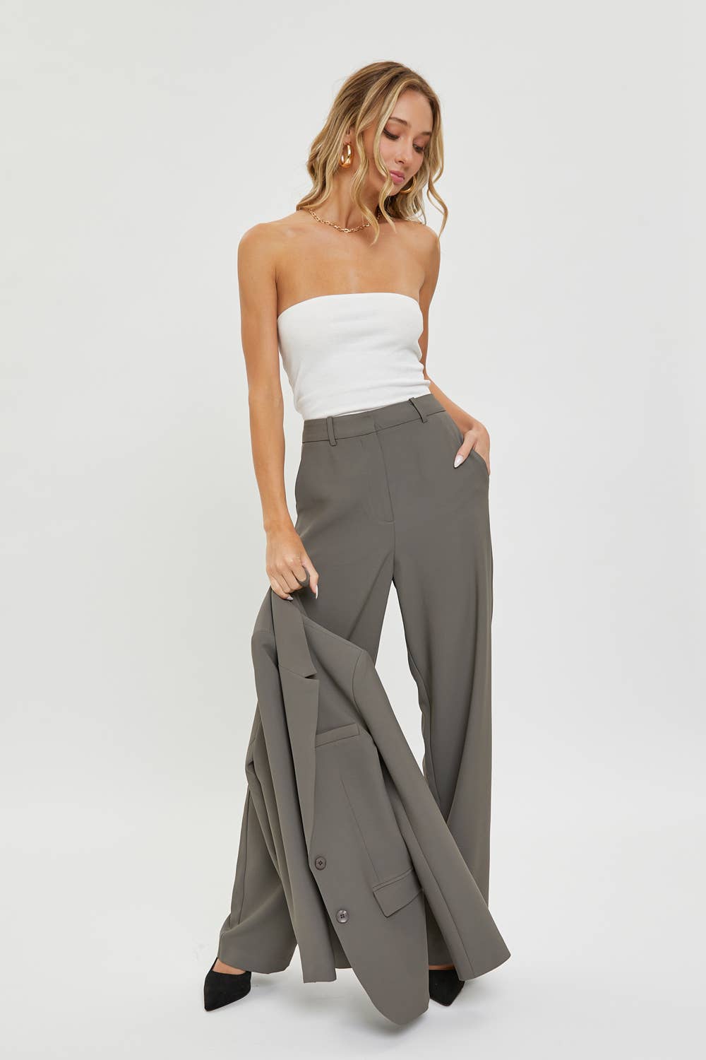High Rise Trousers:Taupe/Grey