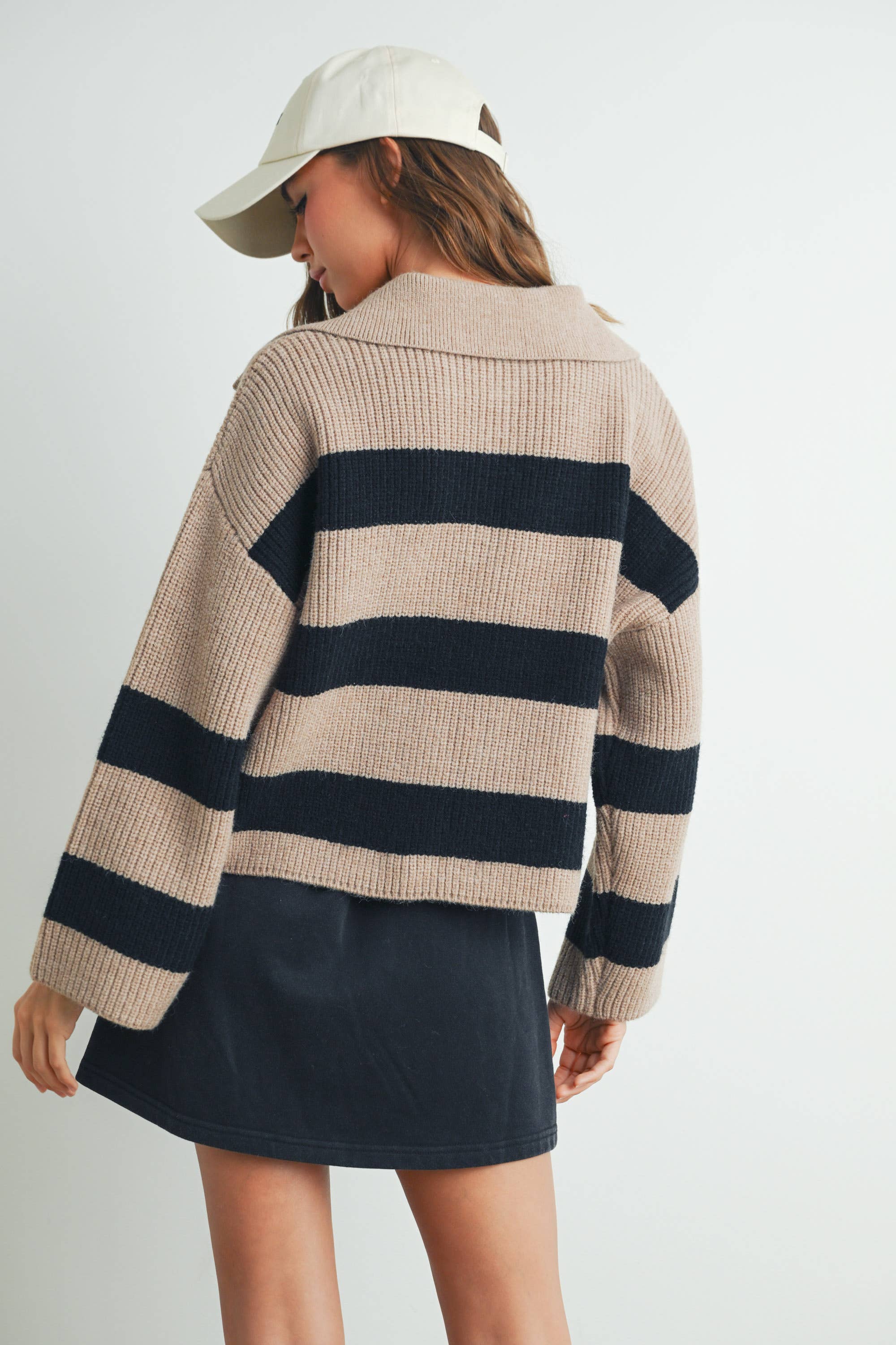 Stripe Wide Collar Sweater - Taupe/Black
