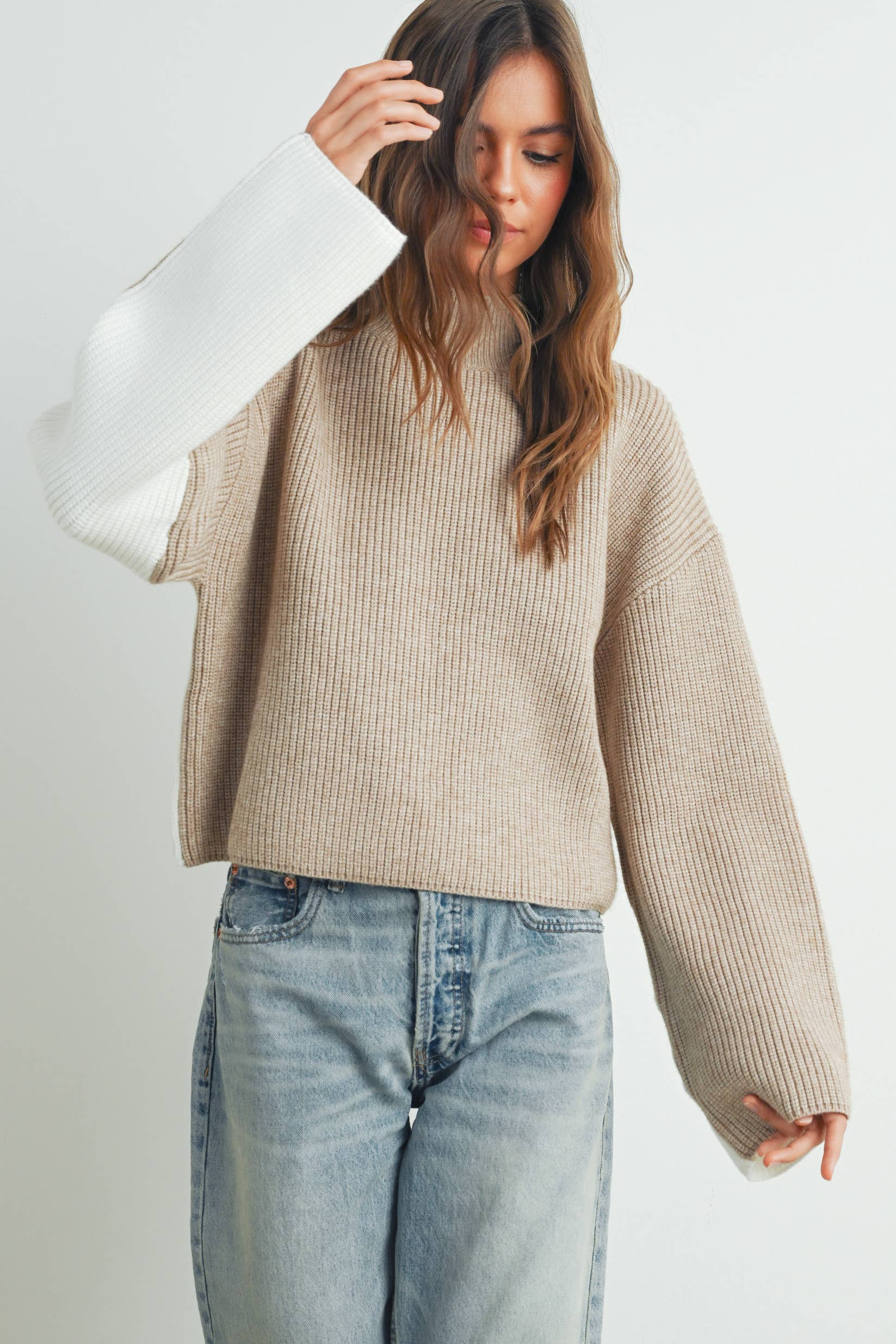 Two-Toned Turtleneck:Taupe/Ivory