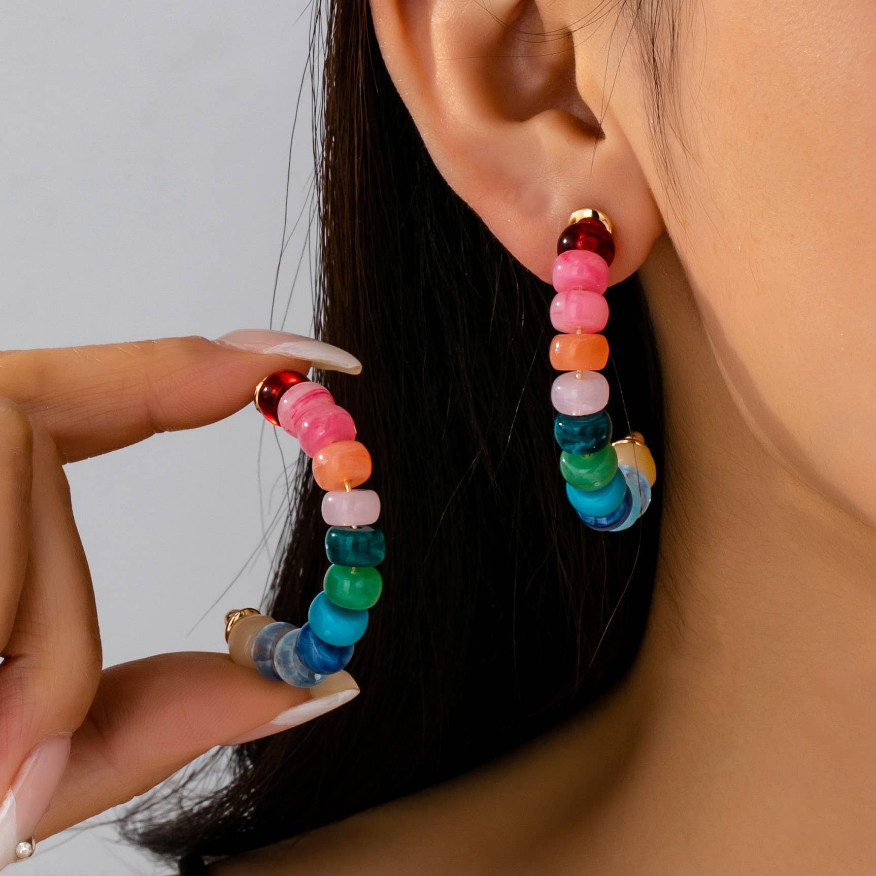 Rainbow Beaded Hoop Earrings: