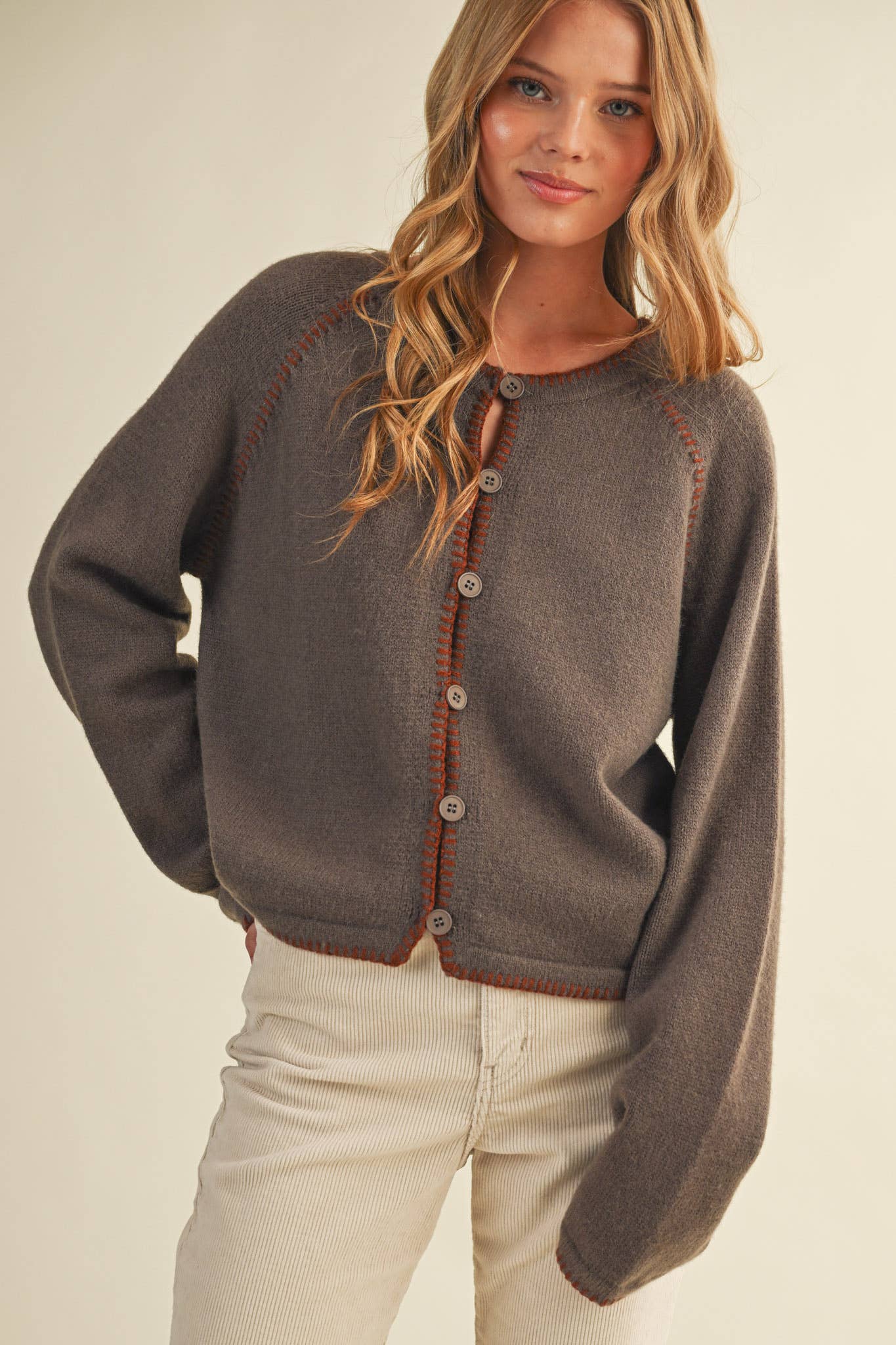 Blanket Stitch Cardigan: Olive Brown