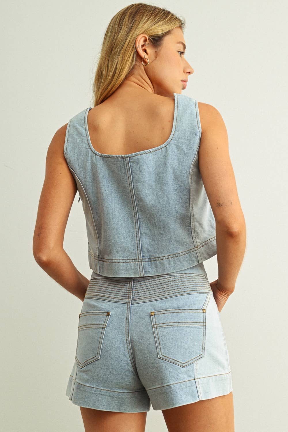 Denim Color Blocked Top:
