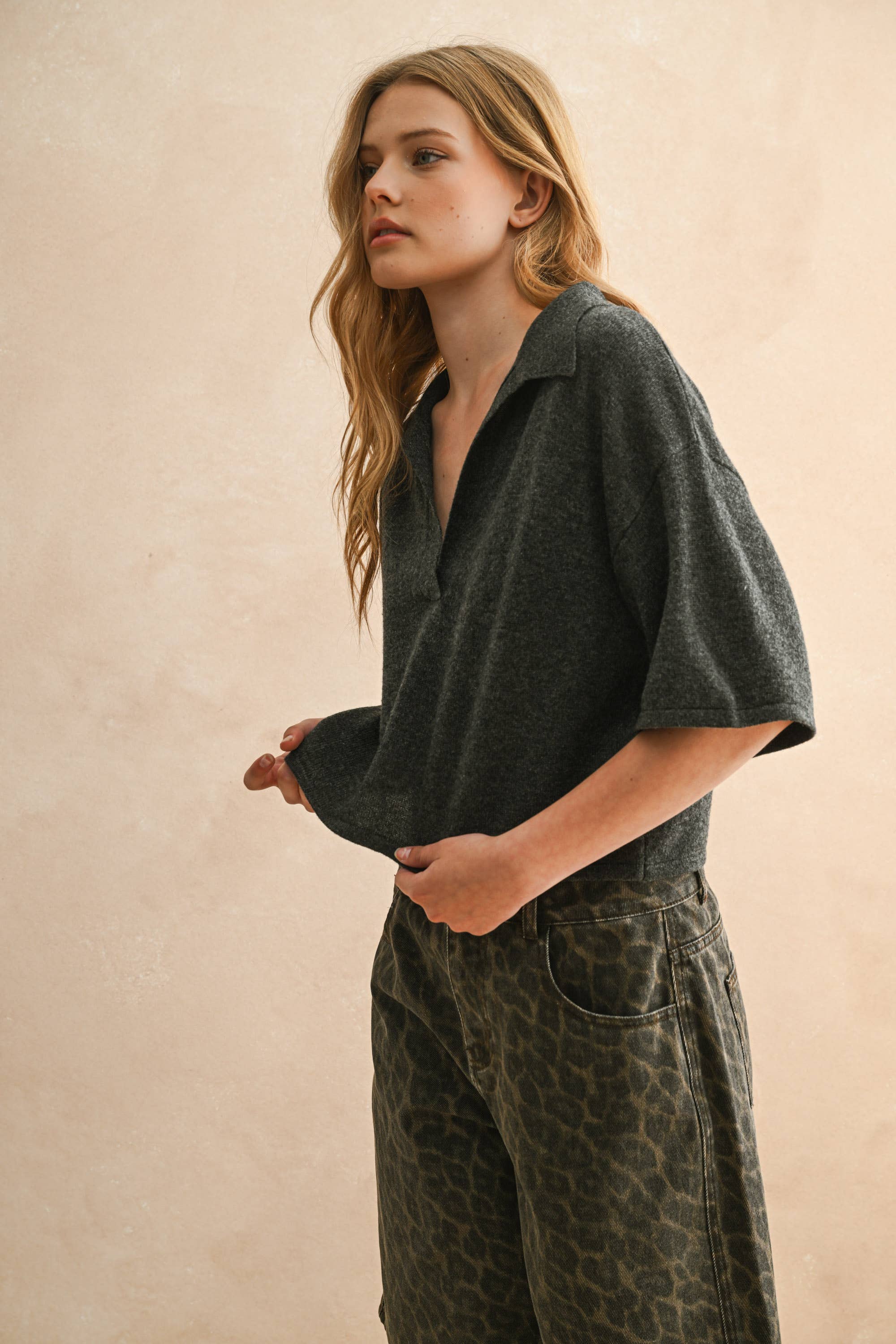 Crop Knit Polo Shirt: Charcoal