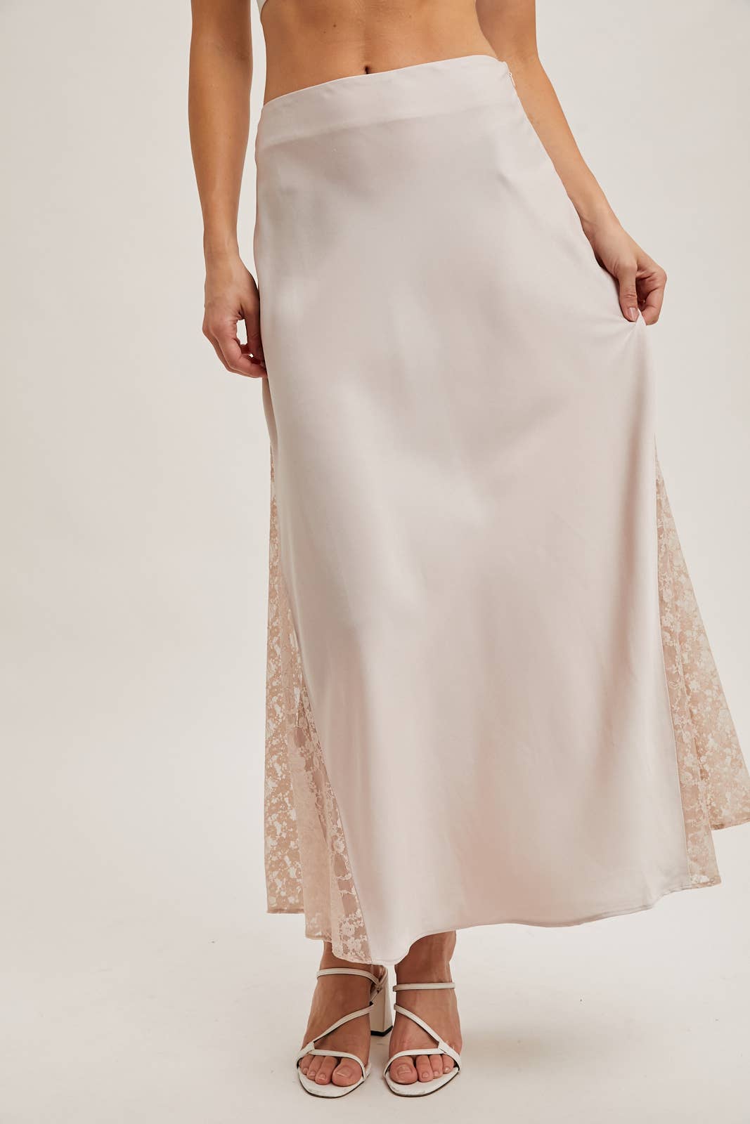 Lace Satin Midi Skirt: Pearl