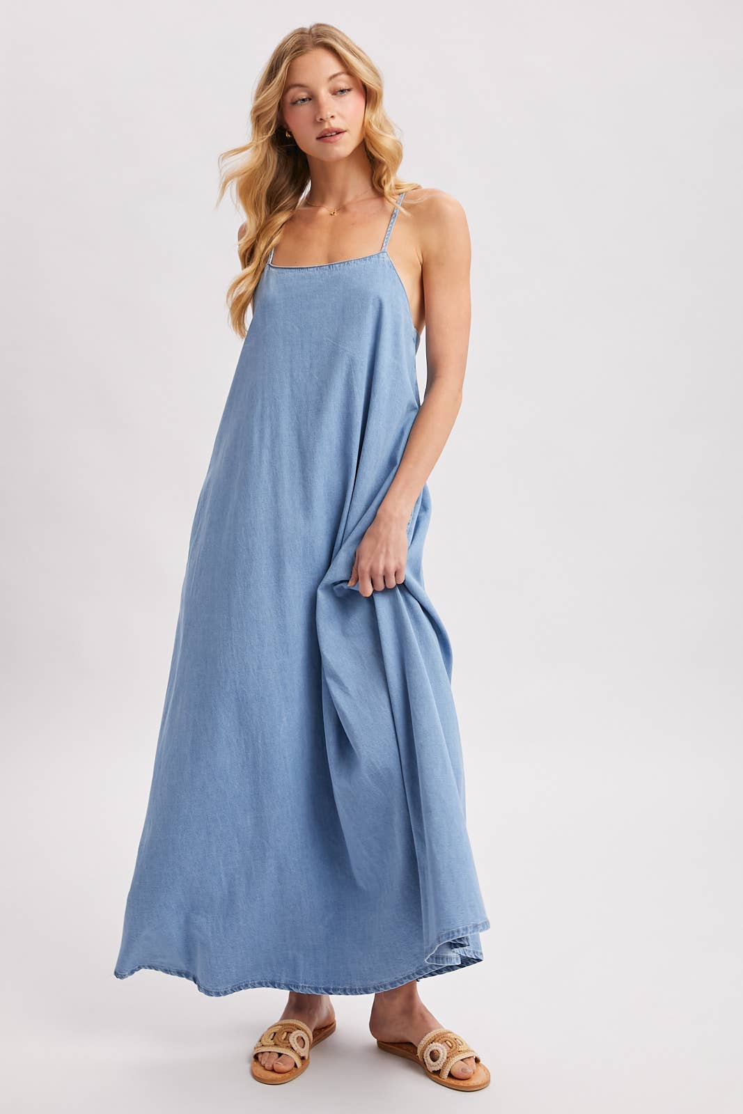 Denim Open Back Dress: Lt.Wash