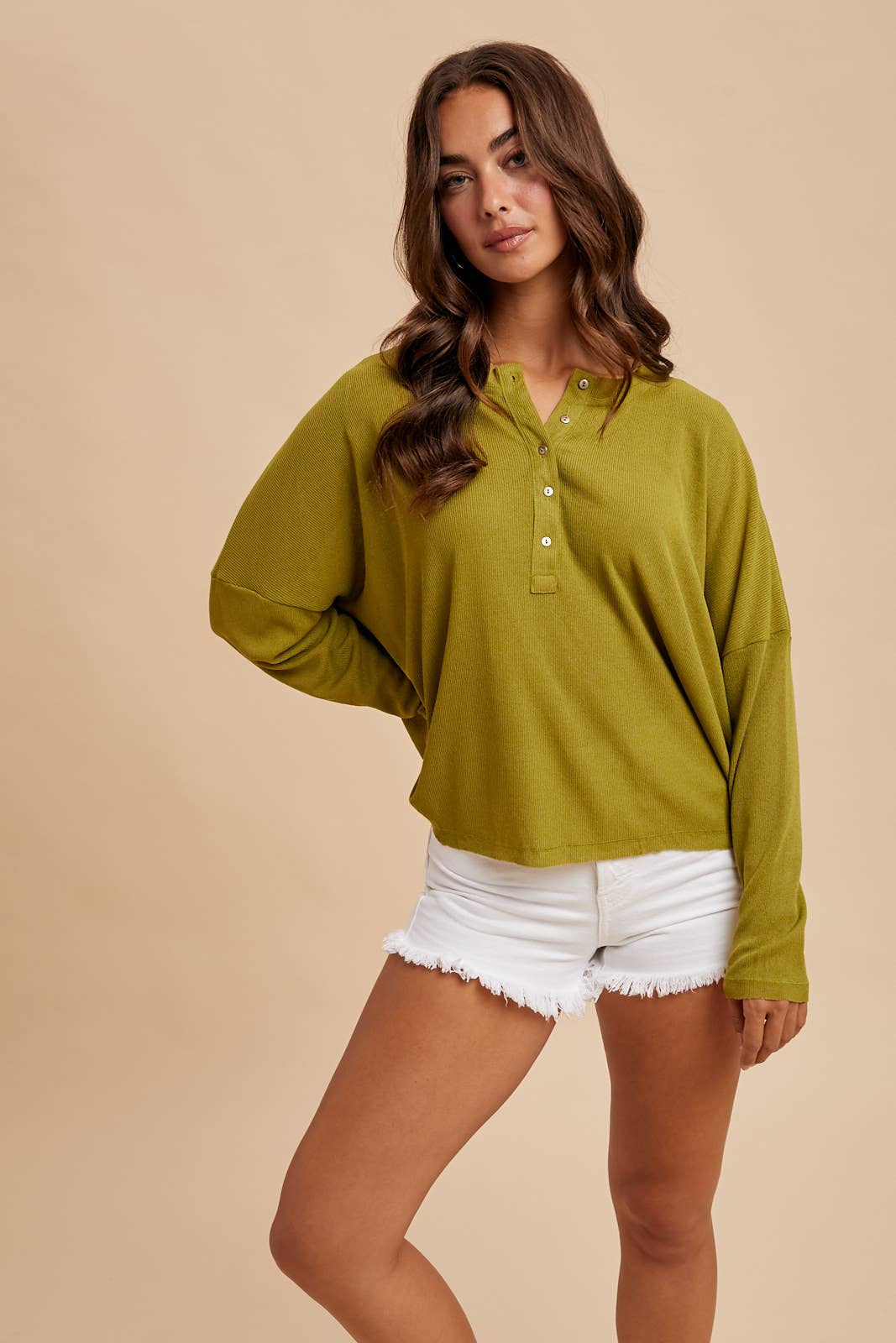 Raw Edge Henley Top: Olive Citron