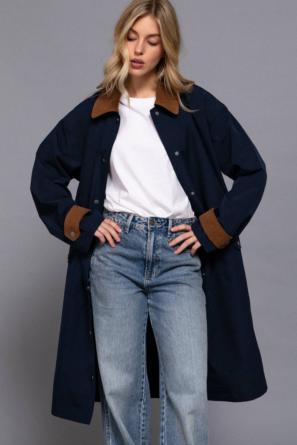 Contrast Collar Trench Coat: Navy