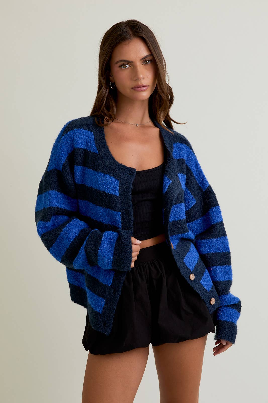 Fuzzy Boucle Cardigan: Blue-Navy