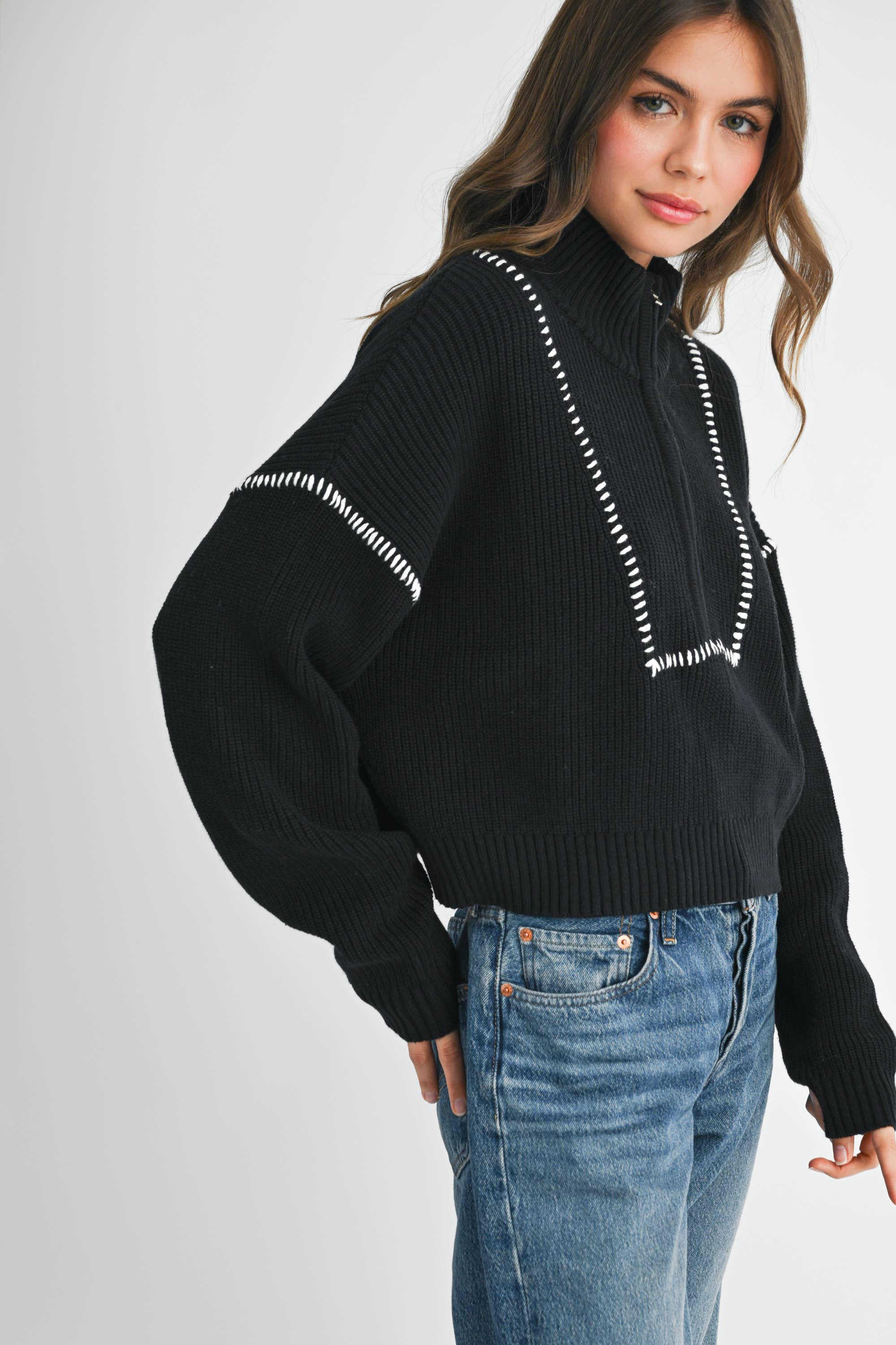 Contrast Stitch Sweater: Black