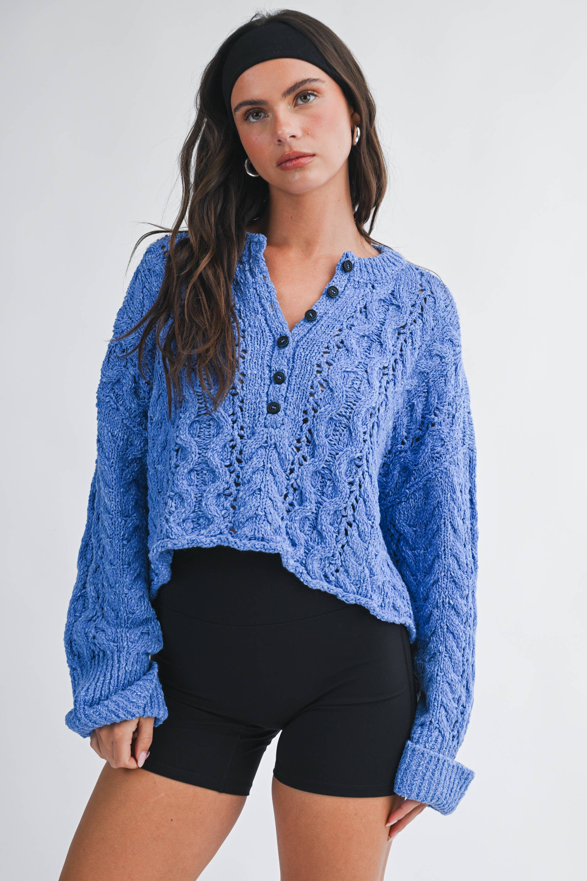 Textured Henley Knit Sweater: Blue