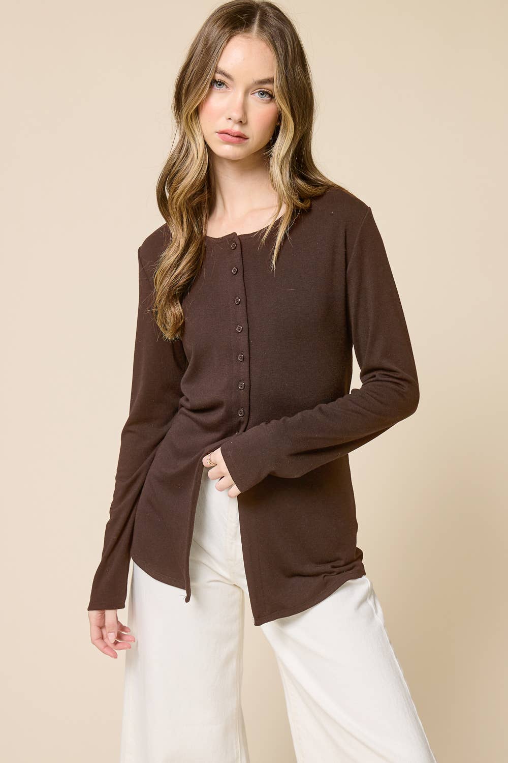 Elongated Hemline Cardigan: Brown