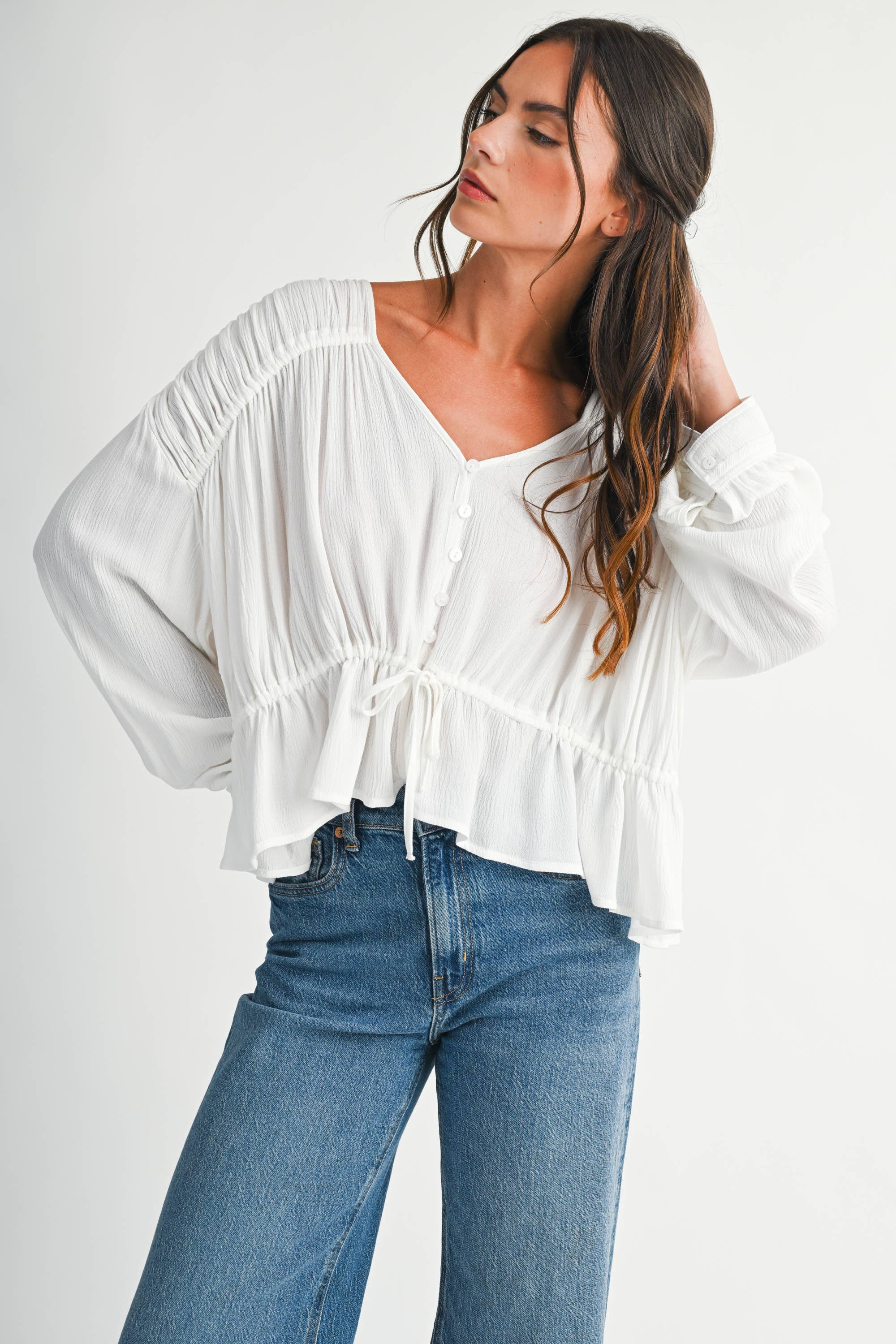 Textured Peplum Blouse: White