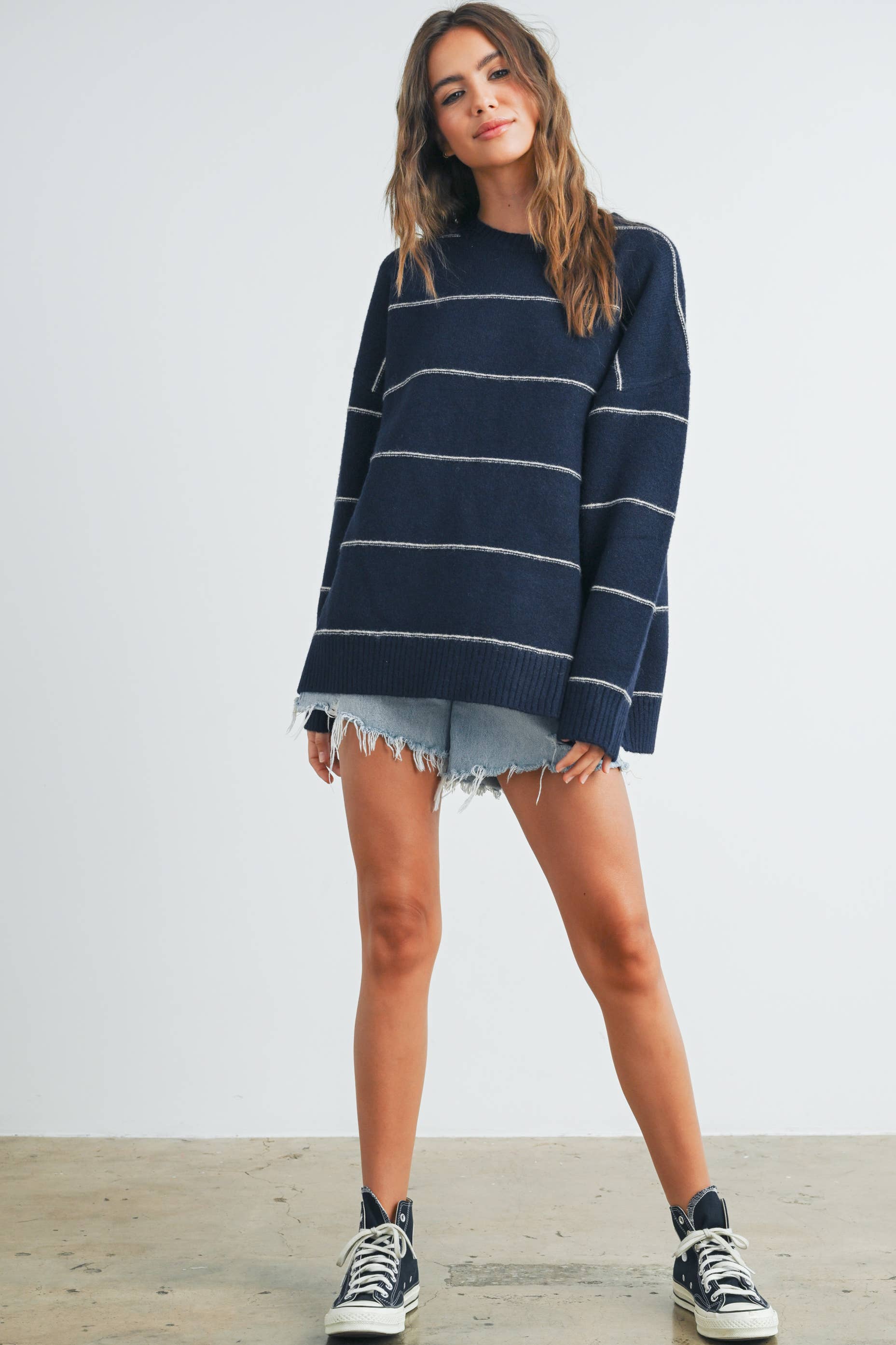 Striped Drop Shoulder Sweater:Navy