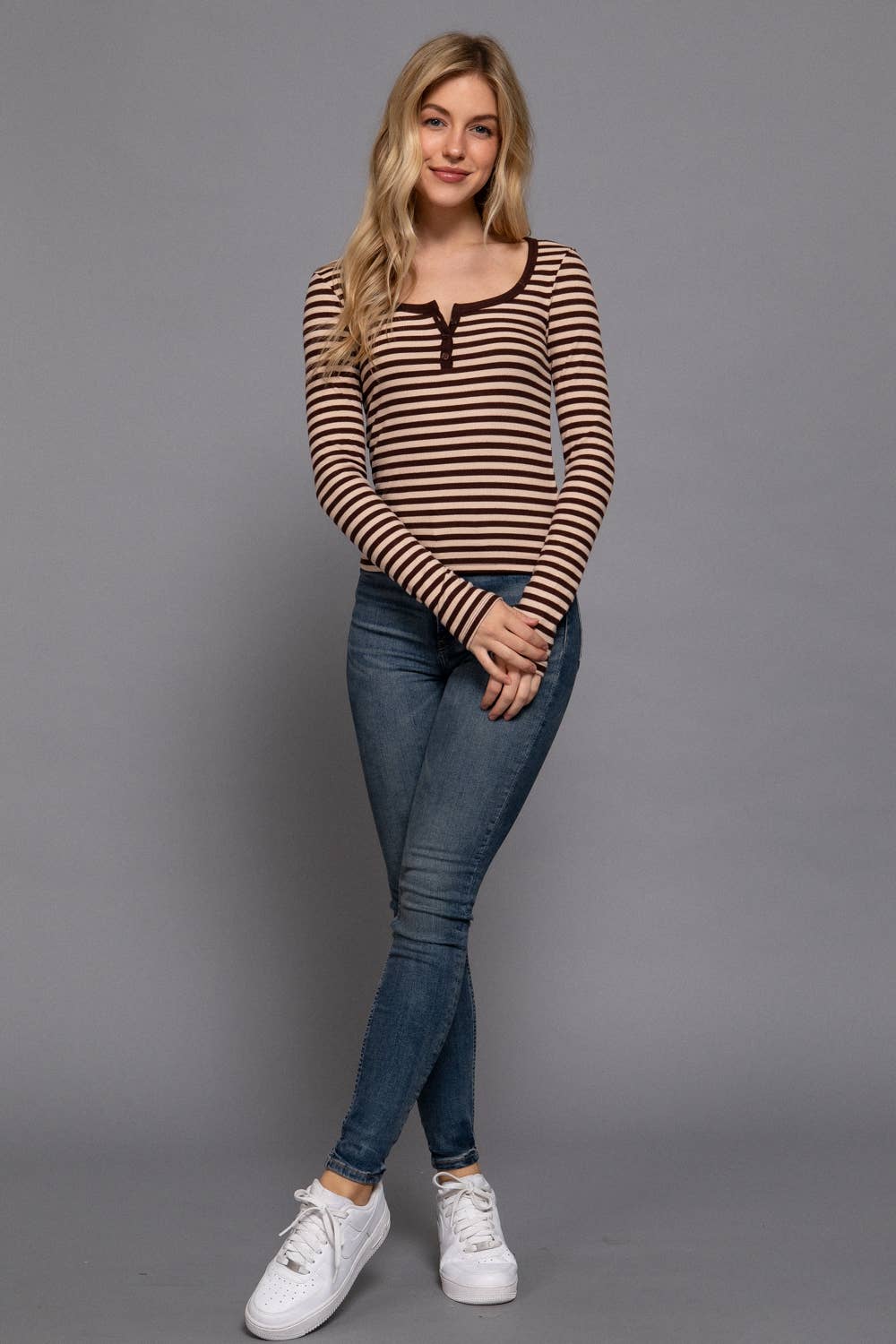 Striped Henley Top: Burgundy