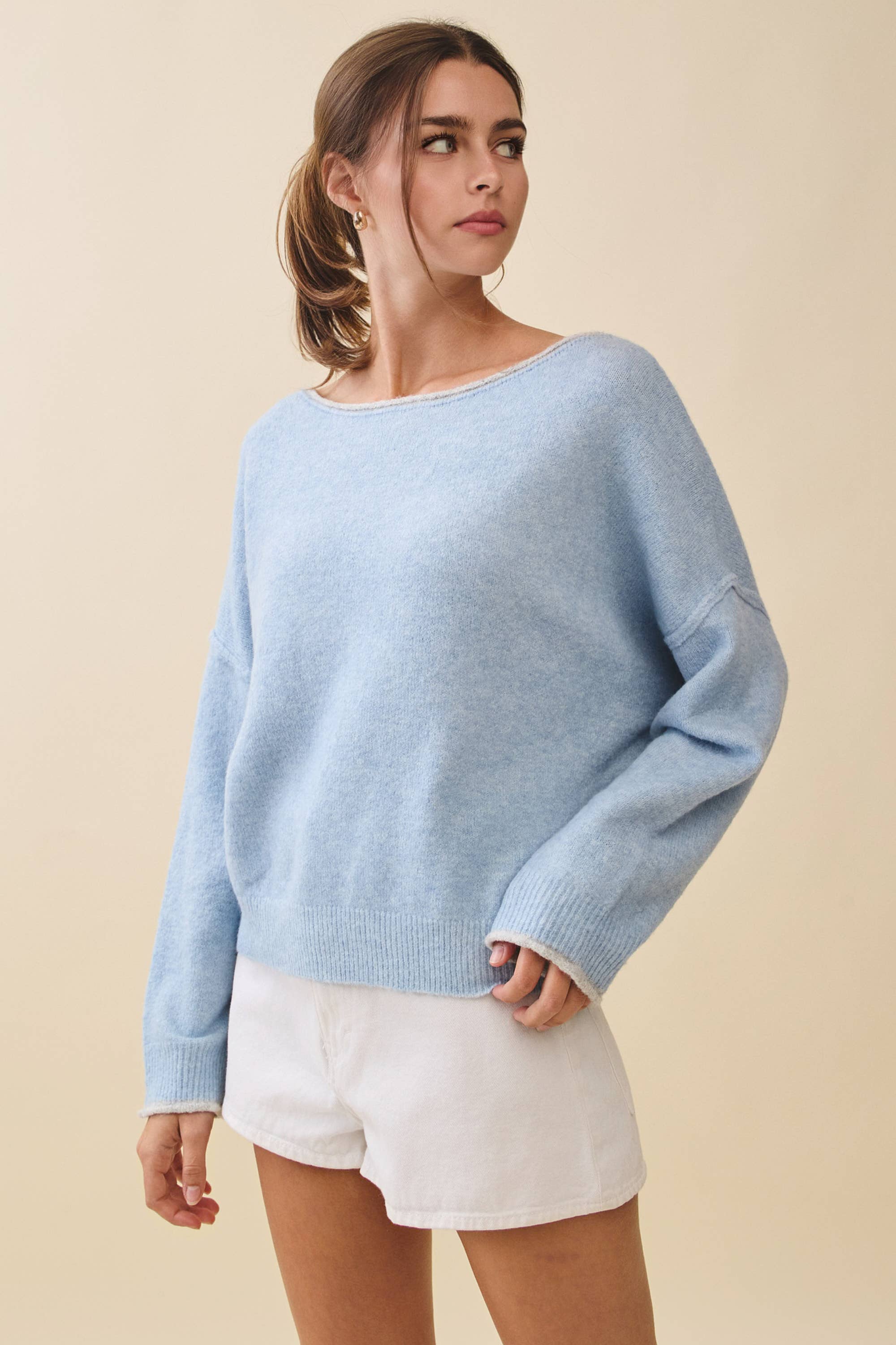 Relaxed Fuzzy Knit Pullover: Blue