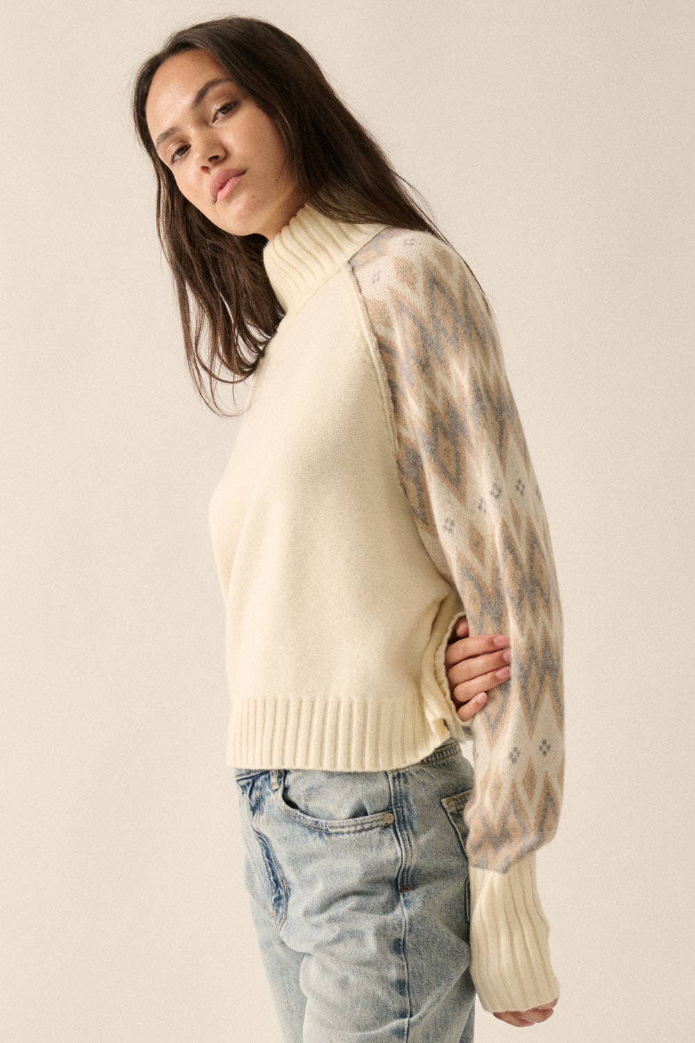 Knit Geo-Print Sweater: Cream