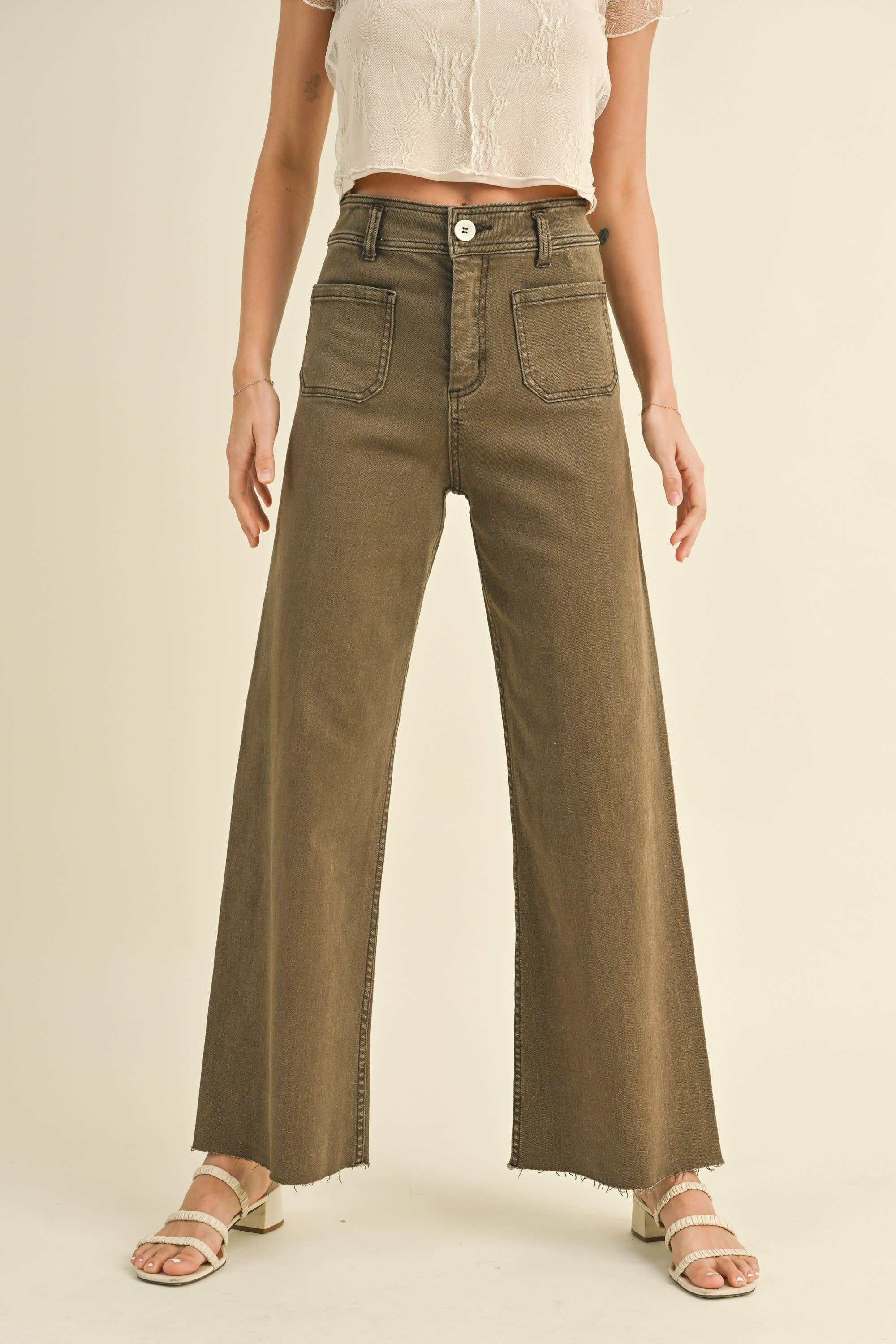 Wide Leg Pants W/Front Pocket: Brown