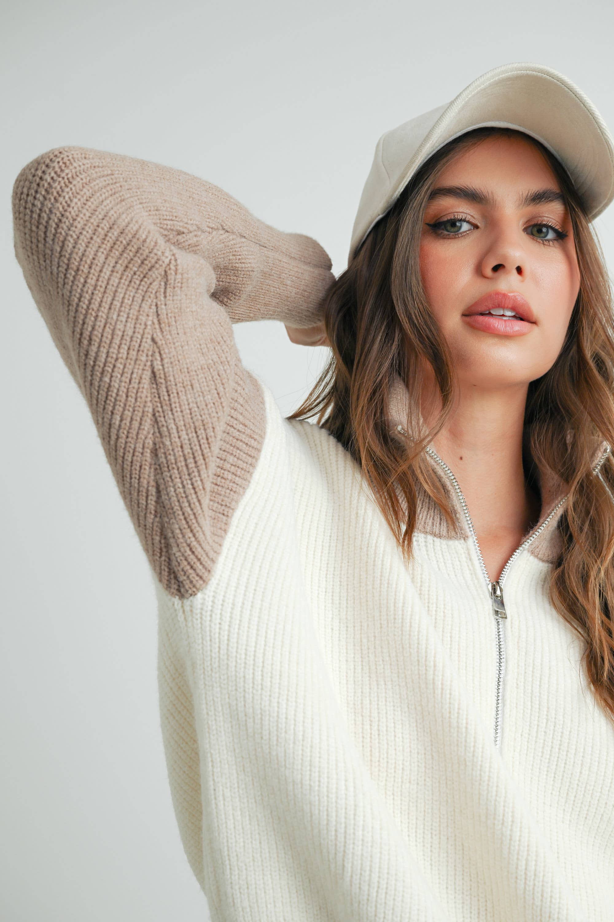 Color Block Pullover-Ivory/Taupe